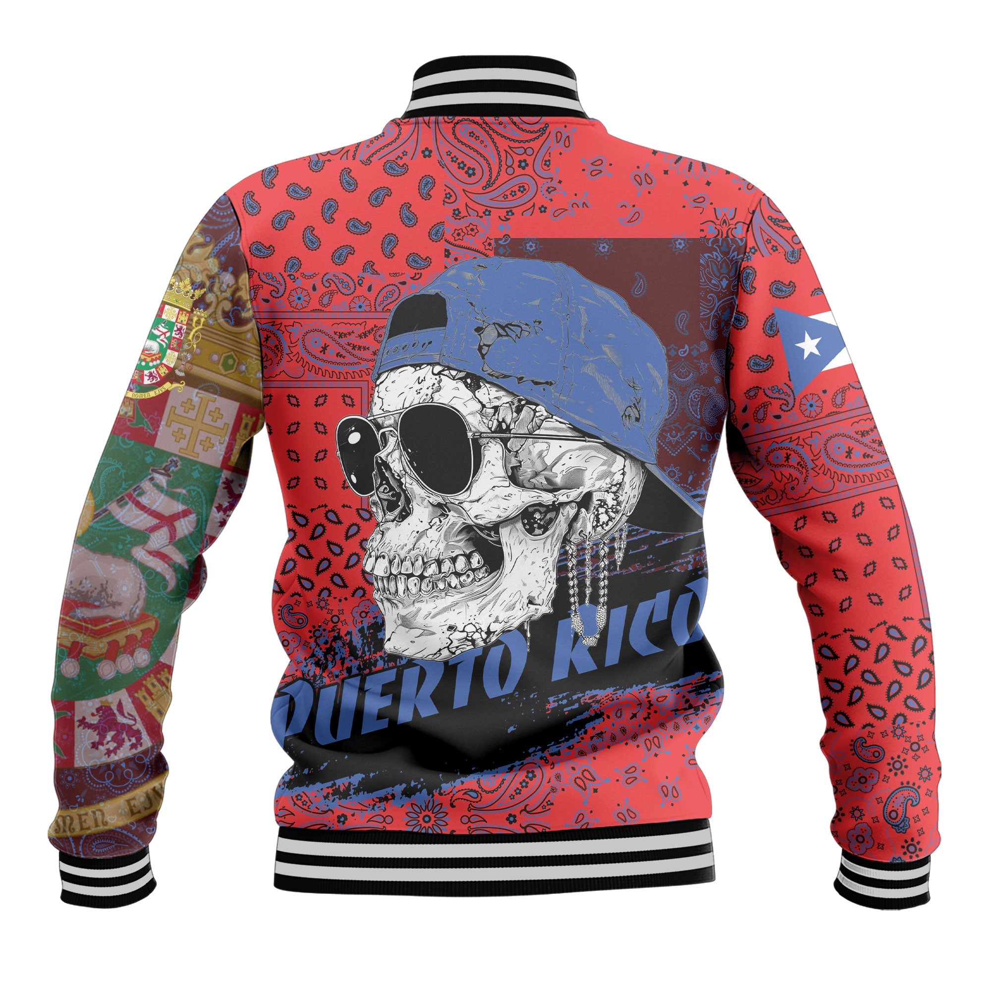 Puerto Rico Baseball Jacket Paisley Flag And Skull Style 2