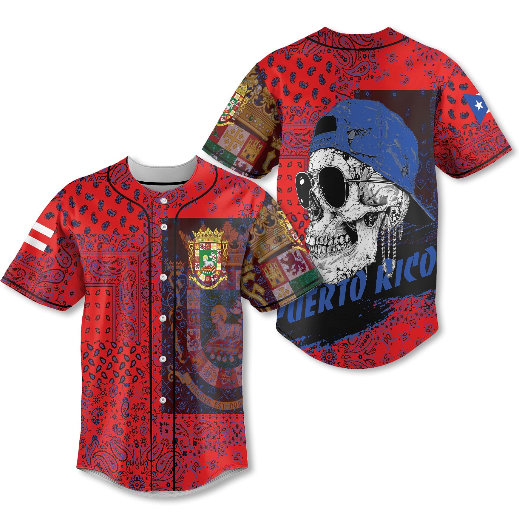 Puerto Rico Baseball Jersey Paisley Flag And Skull Style 1