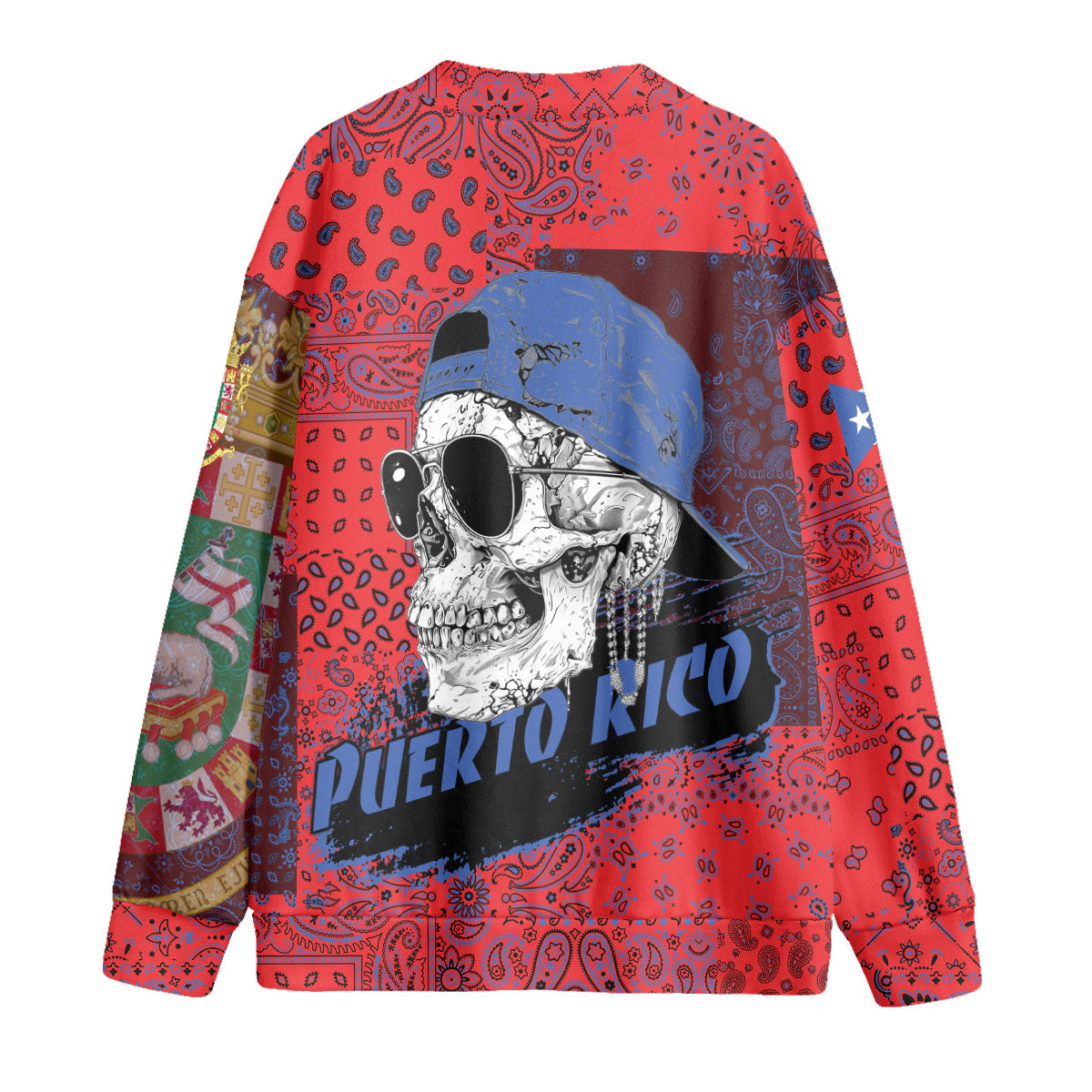 Puerto Rico Fleece Cardigan Paisley Flag And Skull Style 2