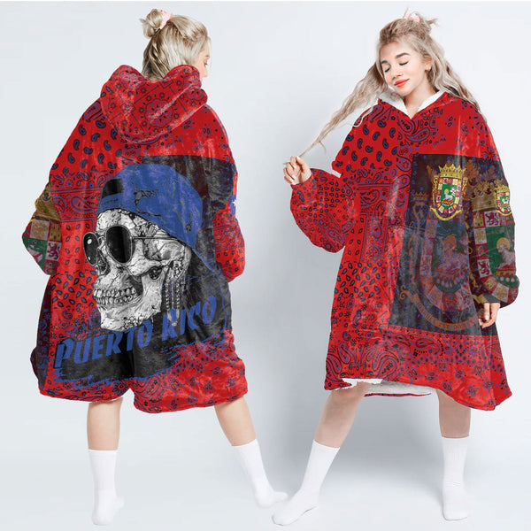 Puerto Rico Hoodie Blanket Paisley Flag And Skull Style 1