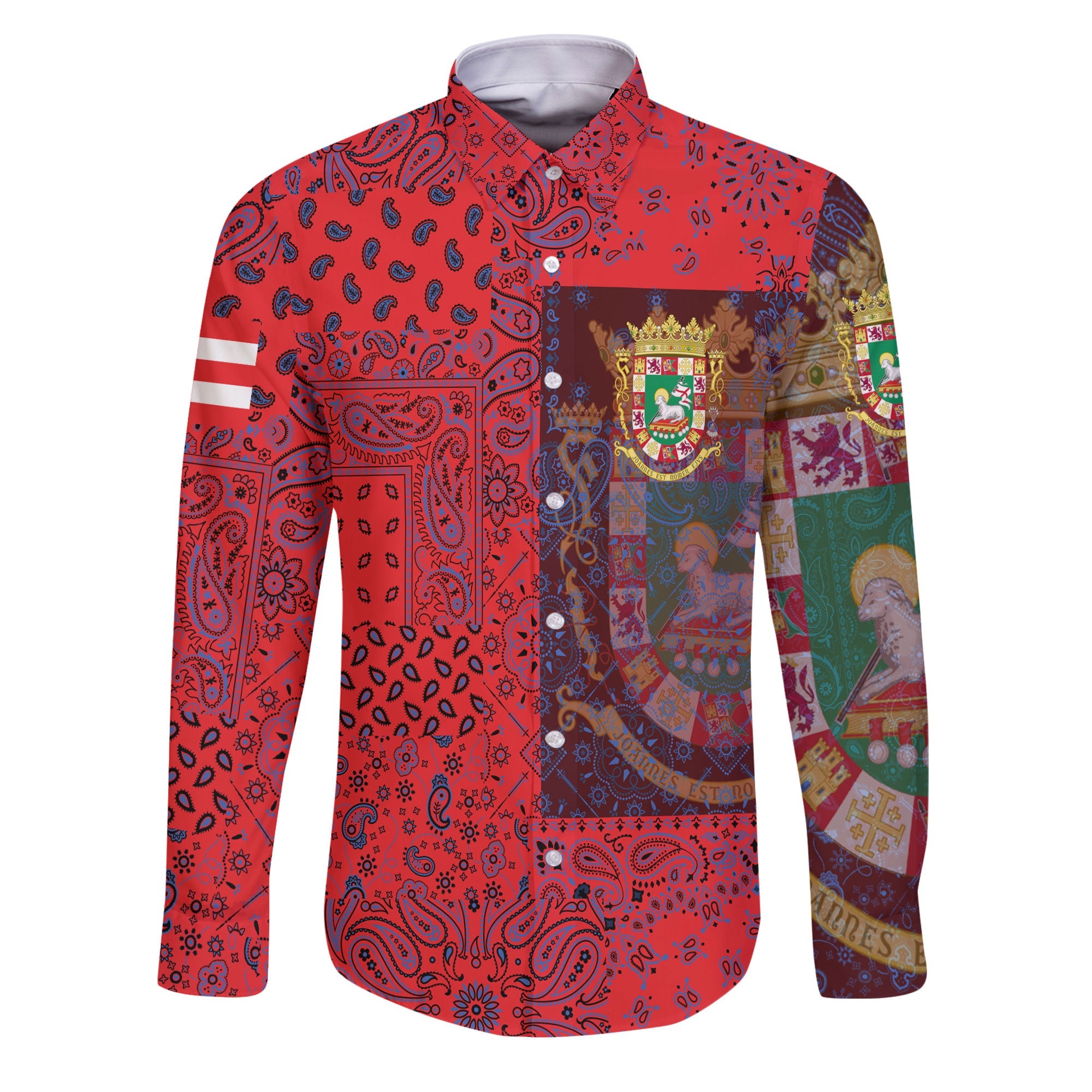 Puerto Rico Long Sleeve Button Shirt Paisley Flag And Skull Style 1