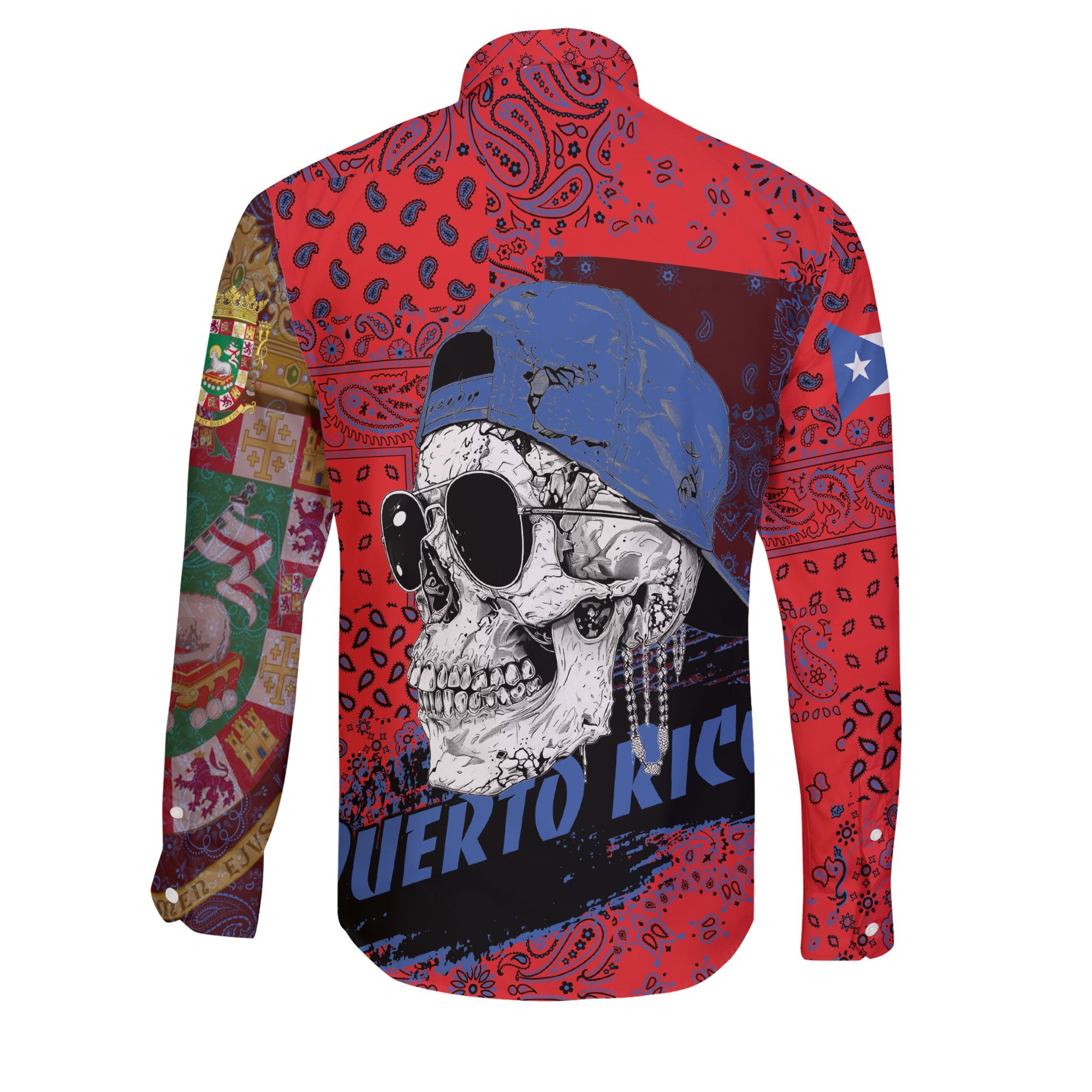 Puerto Rico Long Sleeve Button Shirt Paisley Flag And Skull Style 2