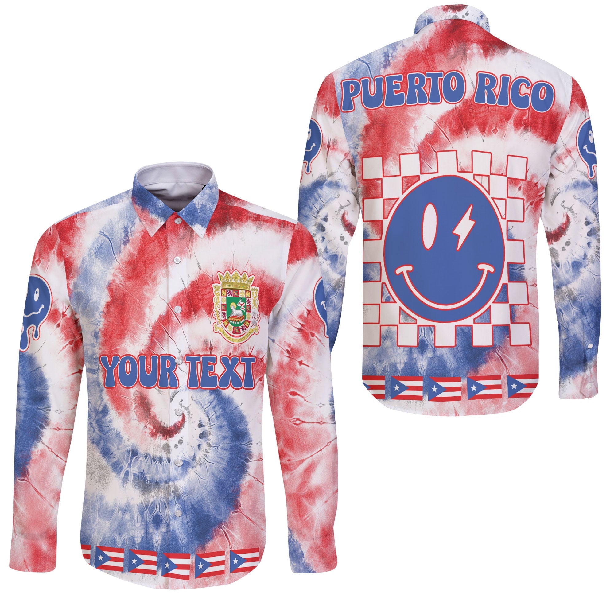 Puerto Rico Long Sleeve Button Shirt Custom Tie Dye Style 3