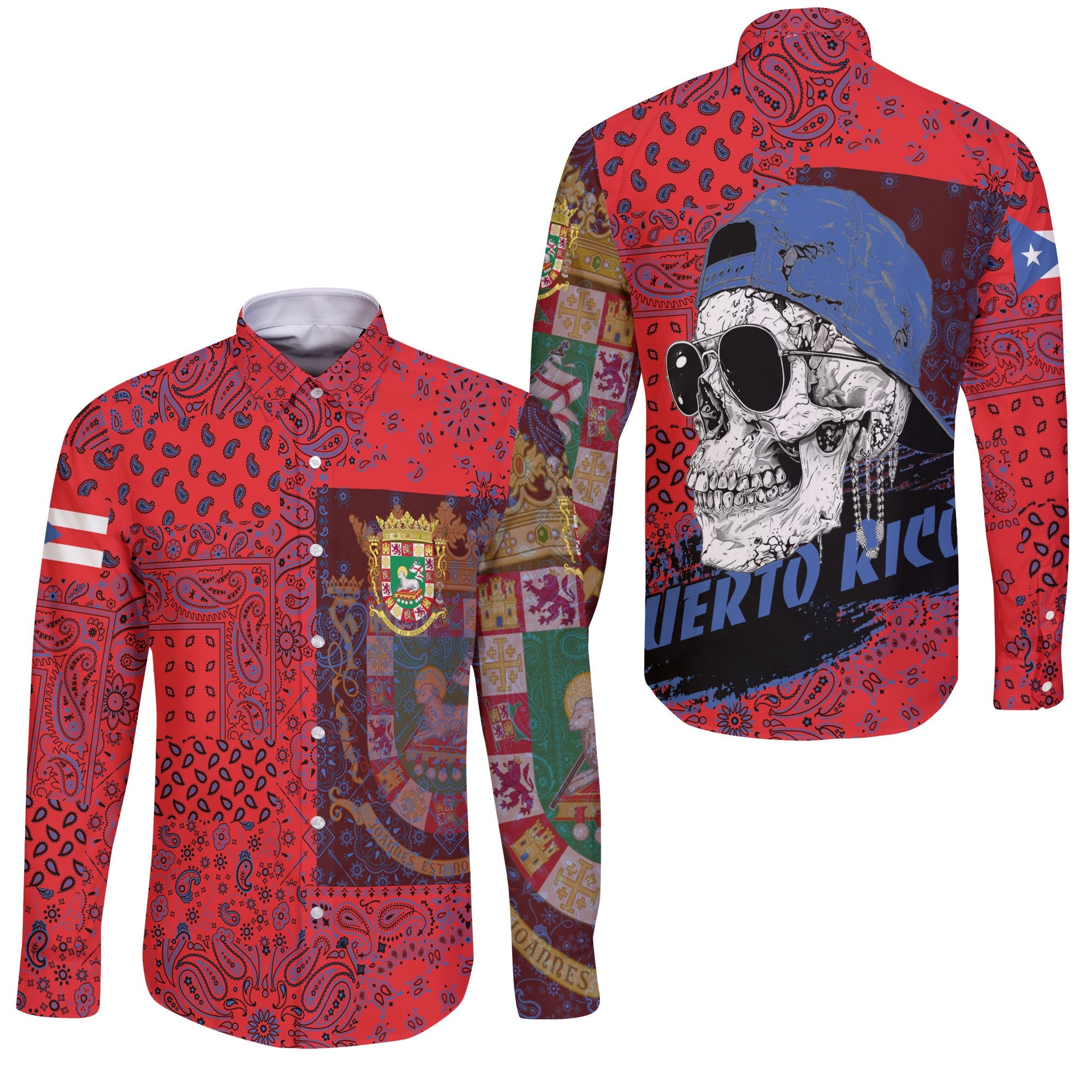 Puerto Rico Long Sleeve Button Shirt Paisley Flag And Skull Style 3