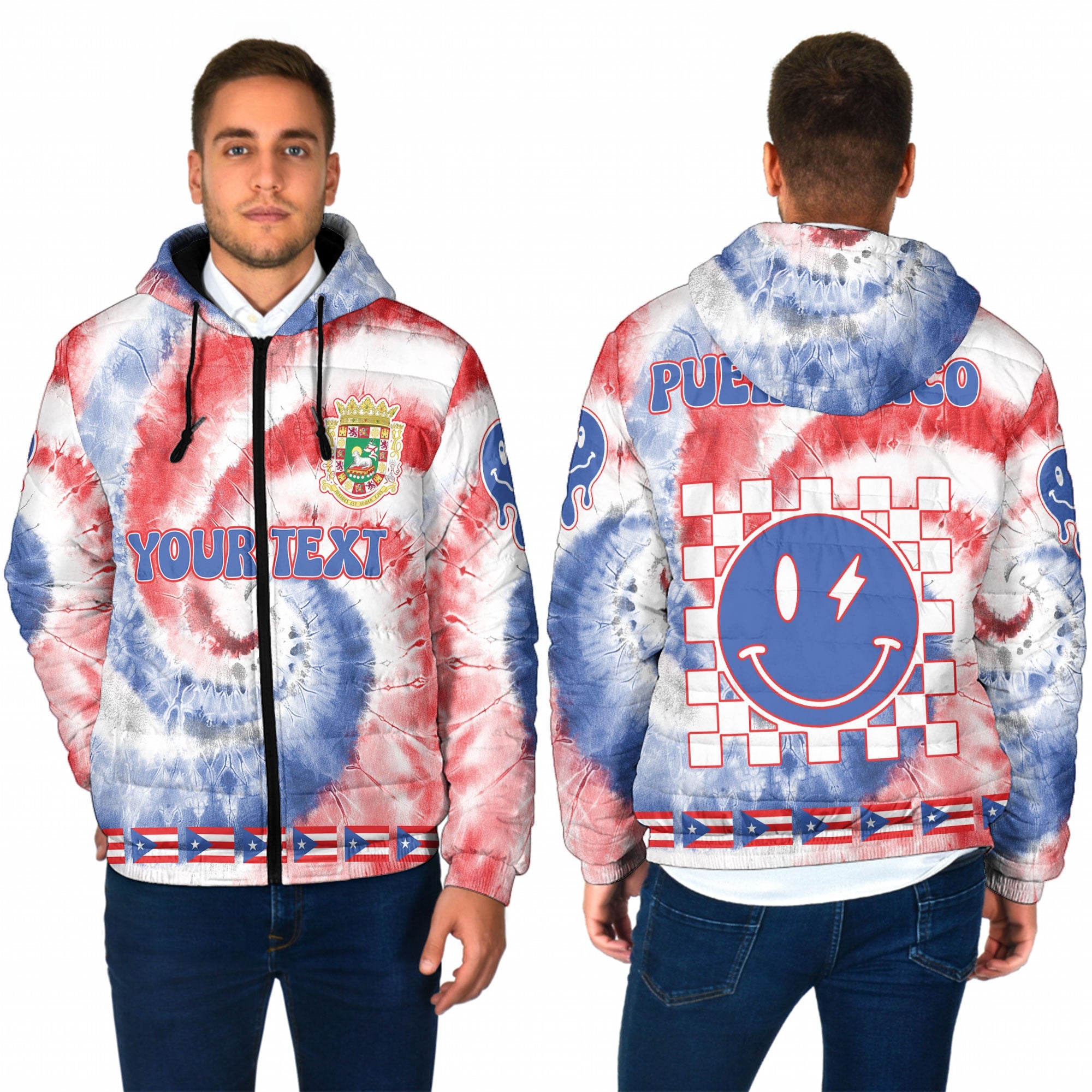 Puerto Rico Men Hooded Padded Jacket Custom Tie Dye Style 1