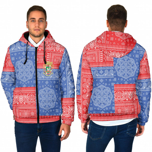 Puerto Rico Men Hooded Padded Jacket Flag And Paisley Basic Style 1