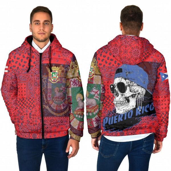 Puerto Rico Men Hooded Padded Jacket Paisley Flag And Skull Style 1