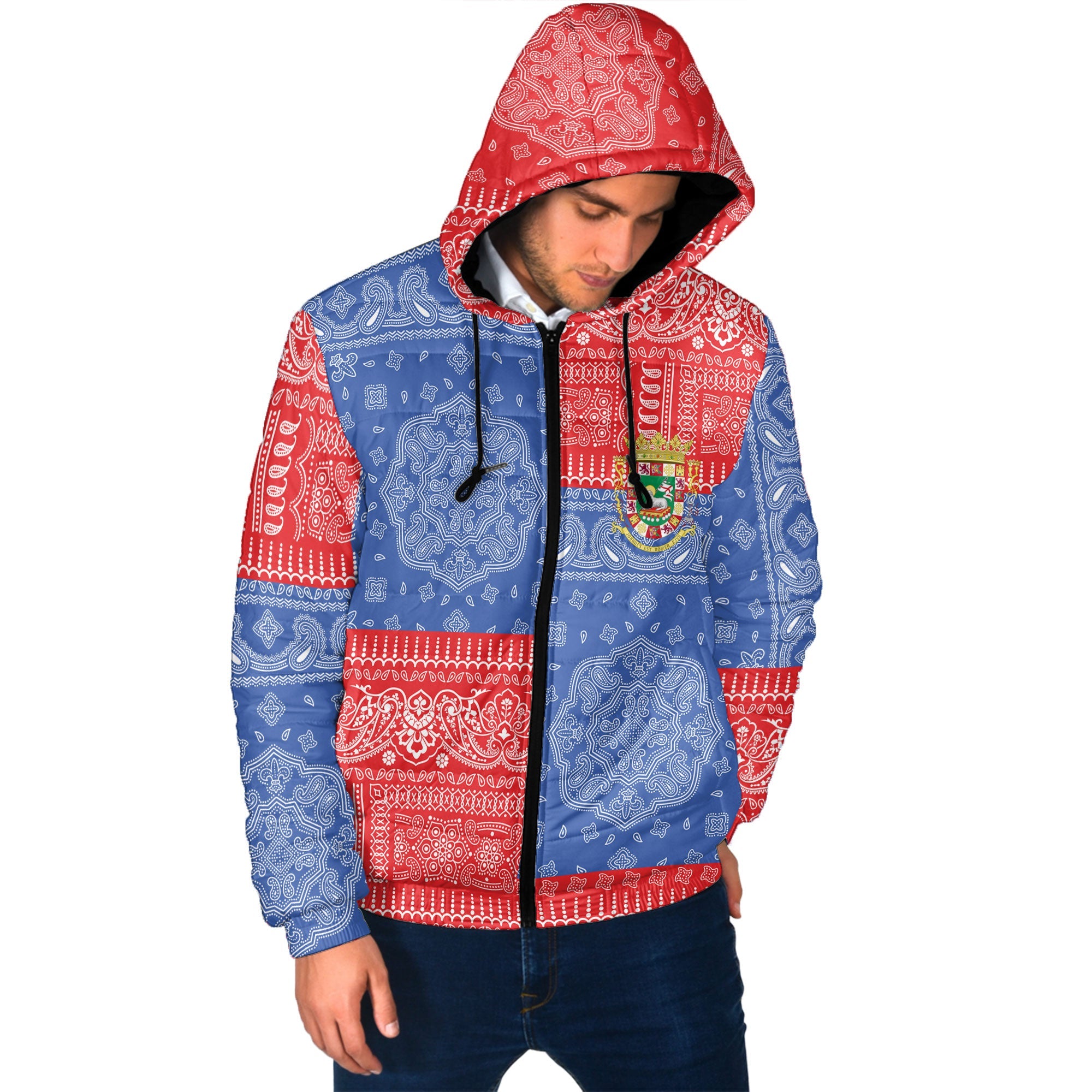 Puerto Rico Men Hooded Padded Jacket Flag And Paisley Basic Style 2