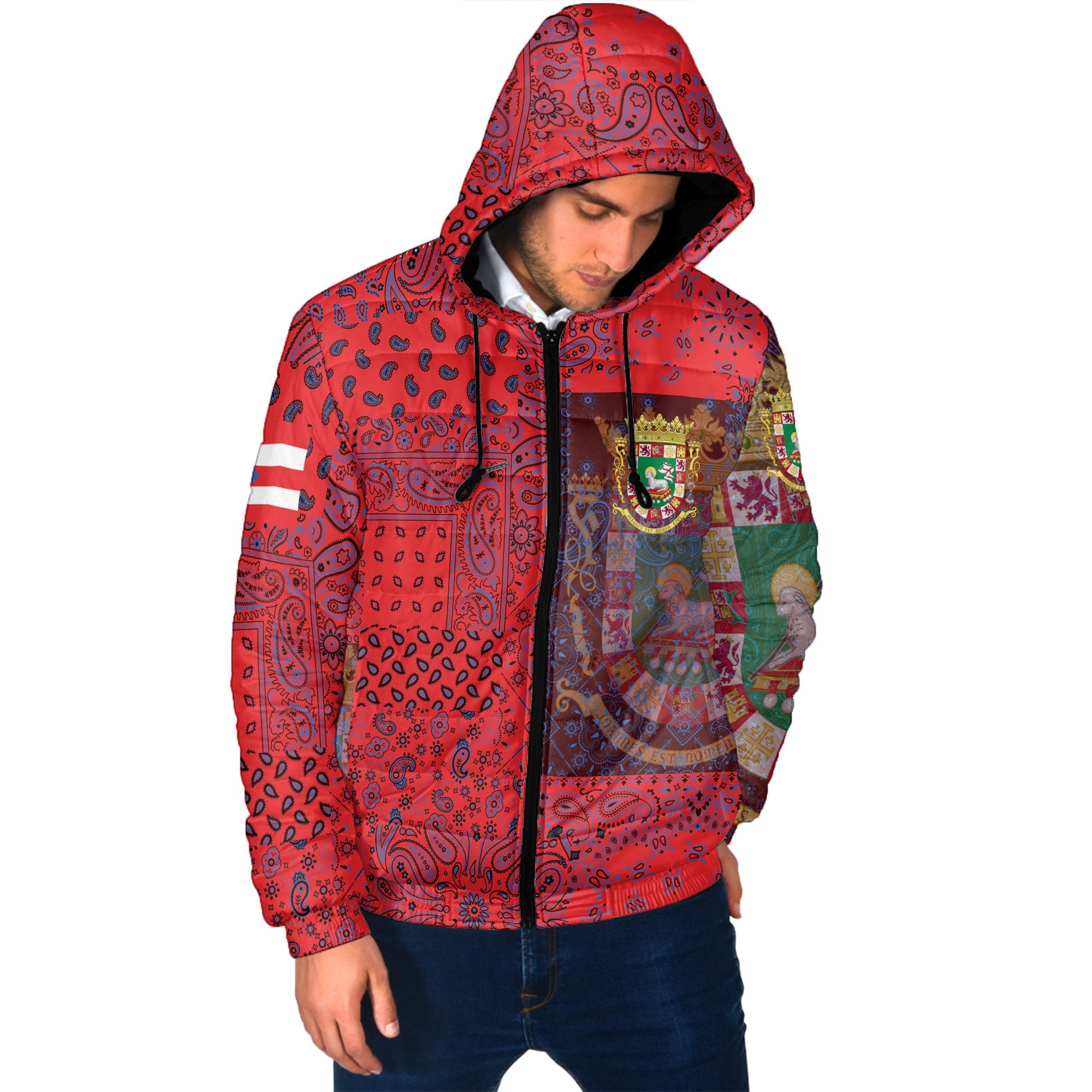 Puerto Rico Men Hooded Padded Jacket Paisley Flag And Skull Style 2