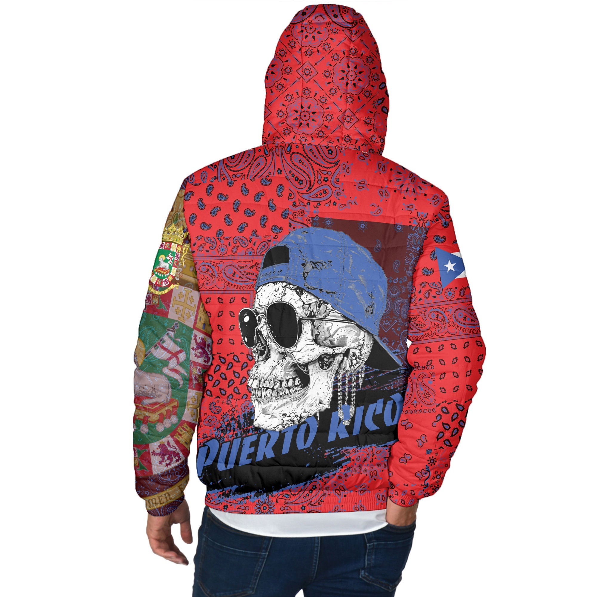 Puerto Rico Men Hooded Padded Jacket Paisley Flag And Skull Style 3