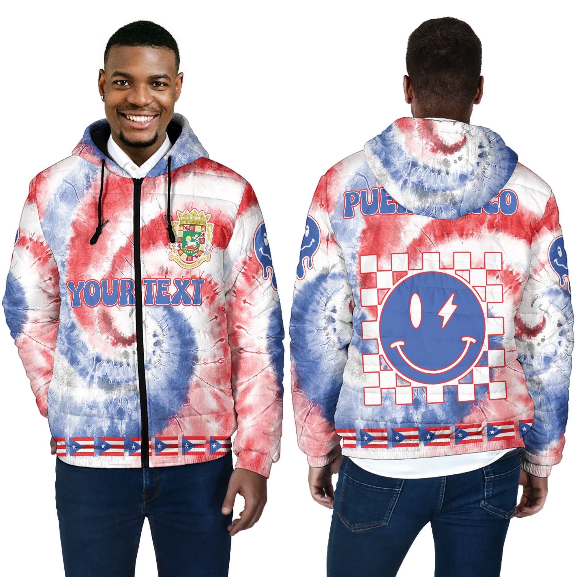 Puerto Rico Men Hooded Padded Jacket Custom Tie Dye Style 4