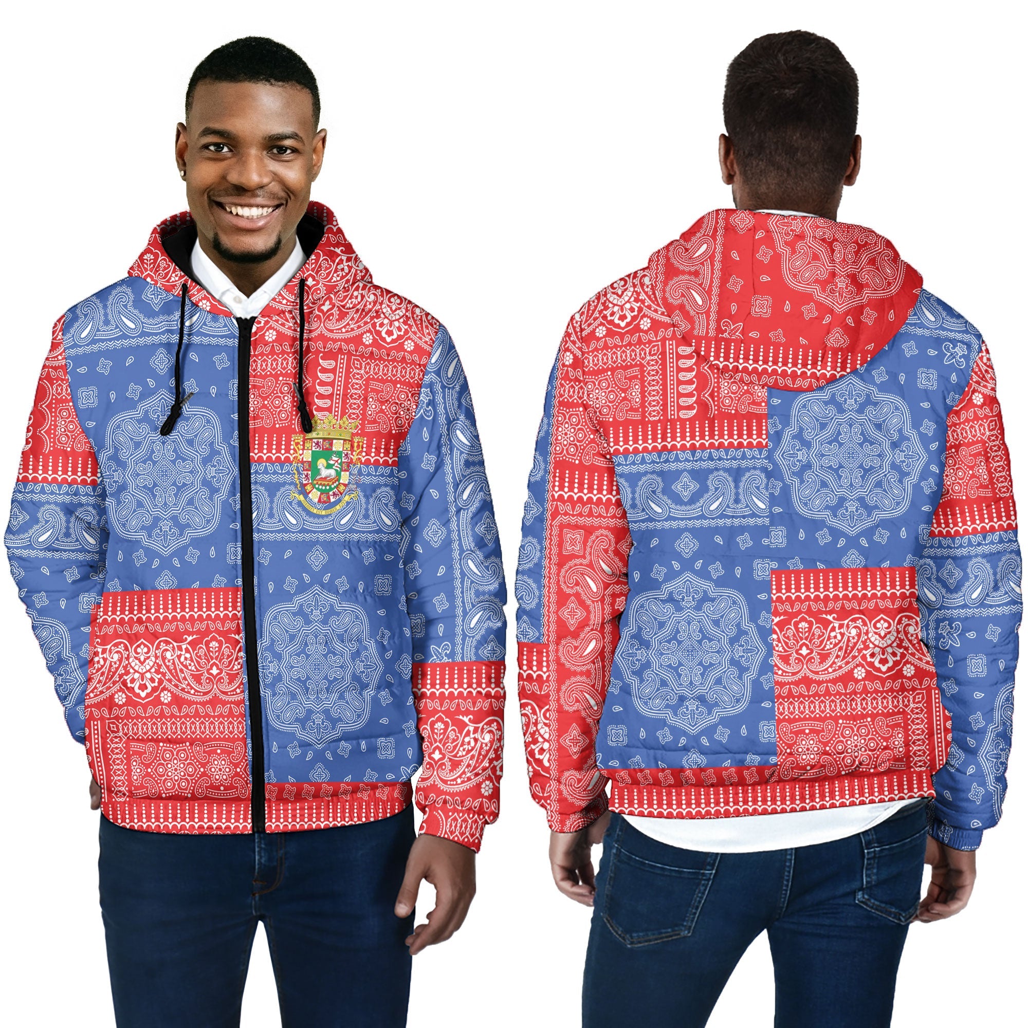 Puerto Rico Men Hooded Padded Jacket Flag And Paisley Basic Style 4