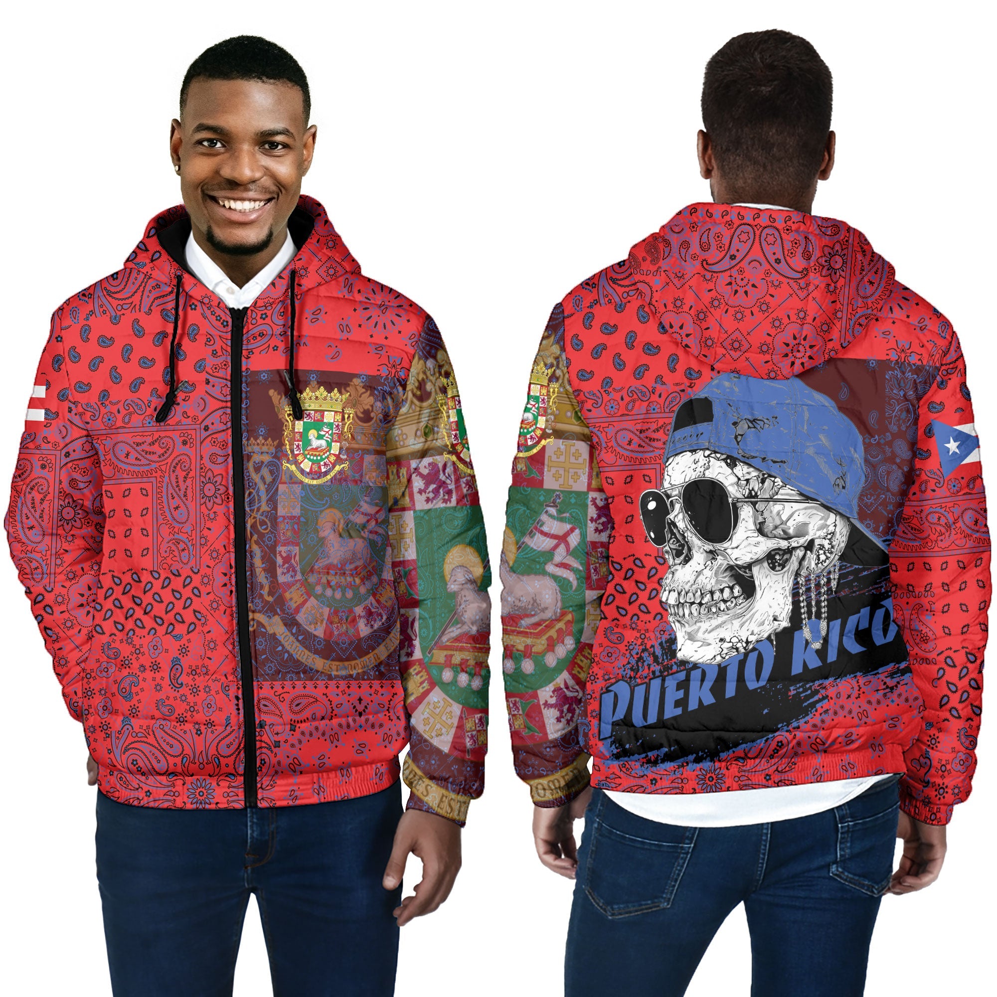 Puerto Rico Men Hooded Padded Jacket Paisley Flag And Skull Style 4