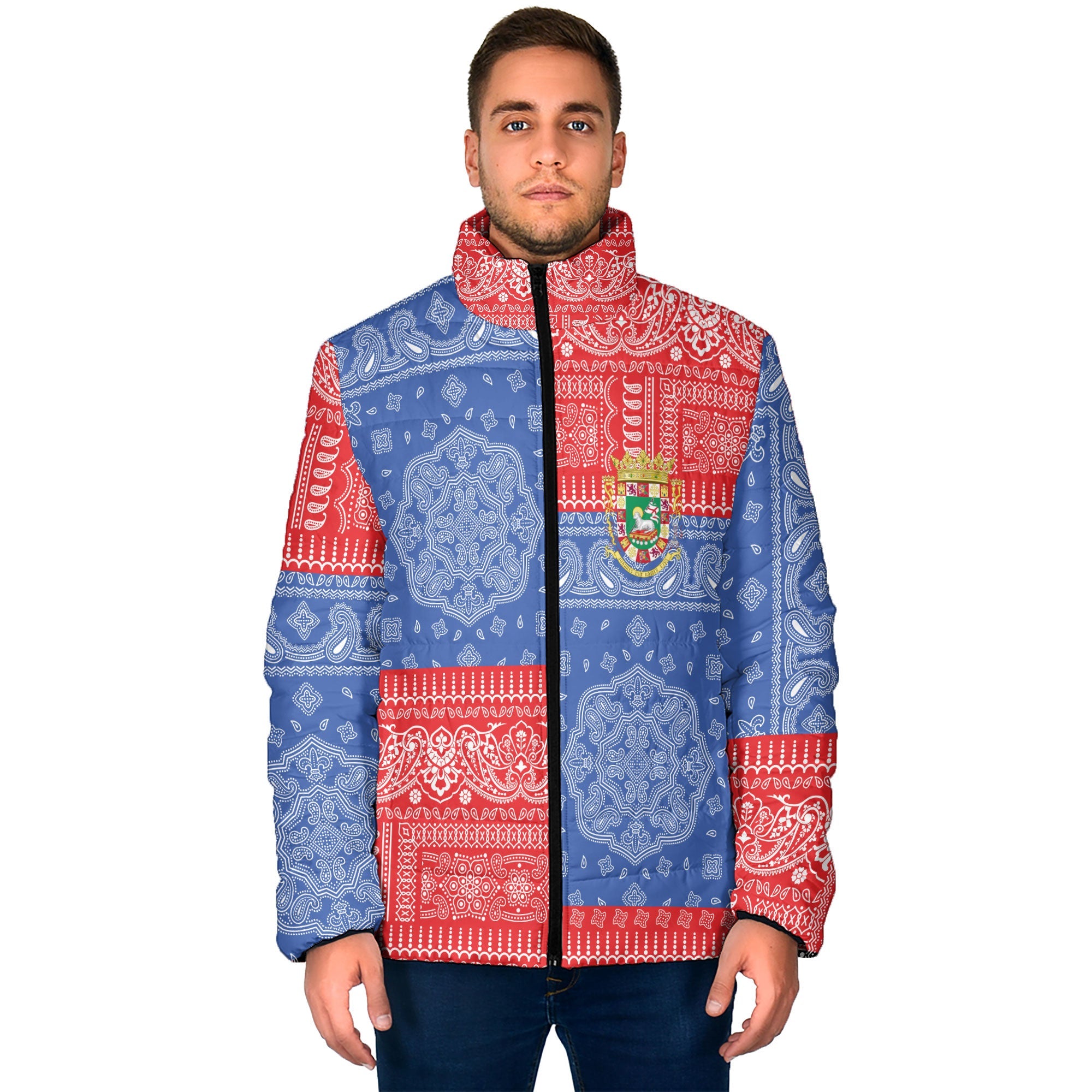 Puerto Rico Men Padded Jacket Flag And Paisley Basic Style 1