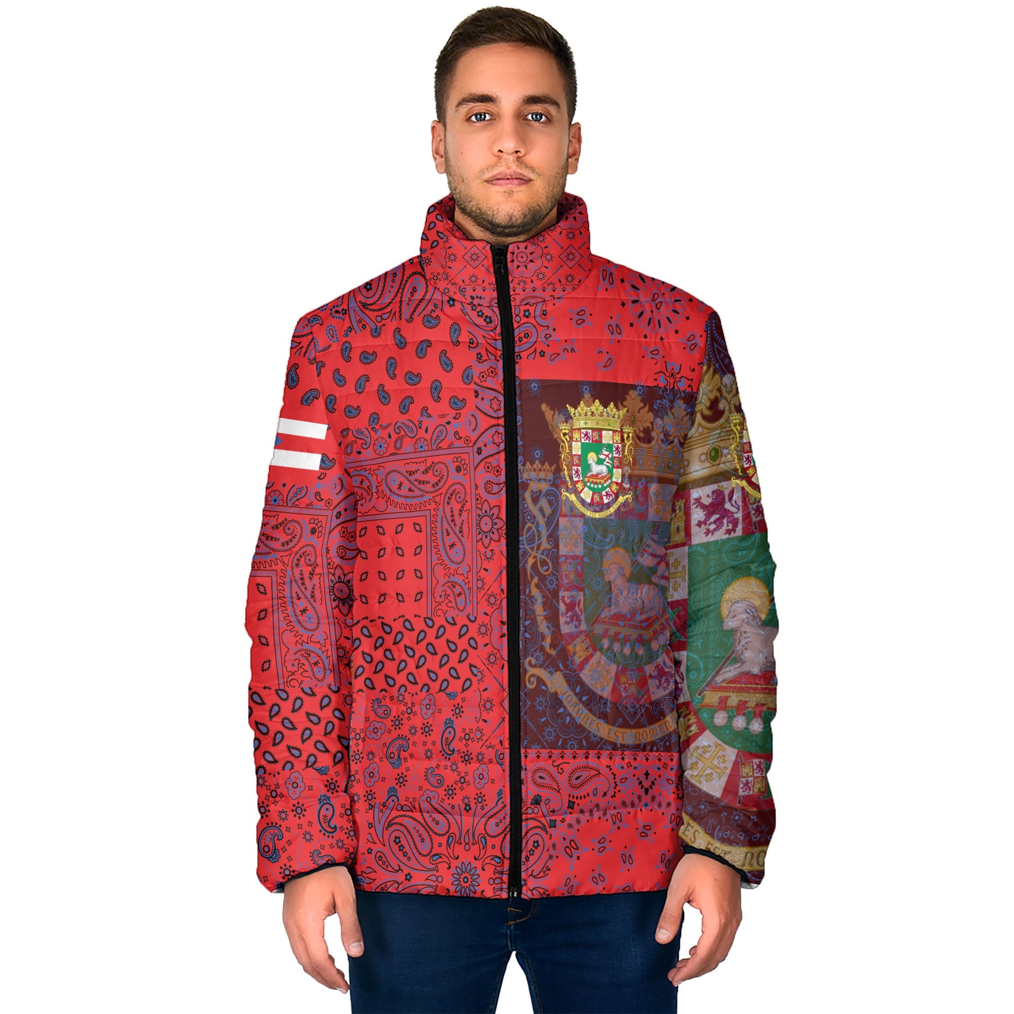 Puerto Rico Men Padded Jacket Paisley Flag And Skull Style 1