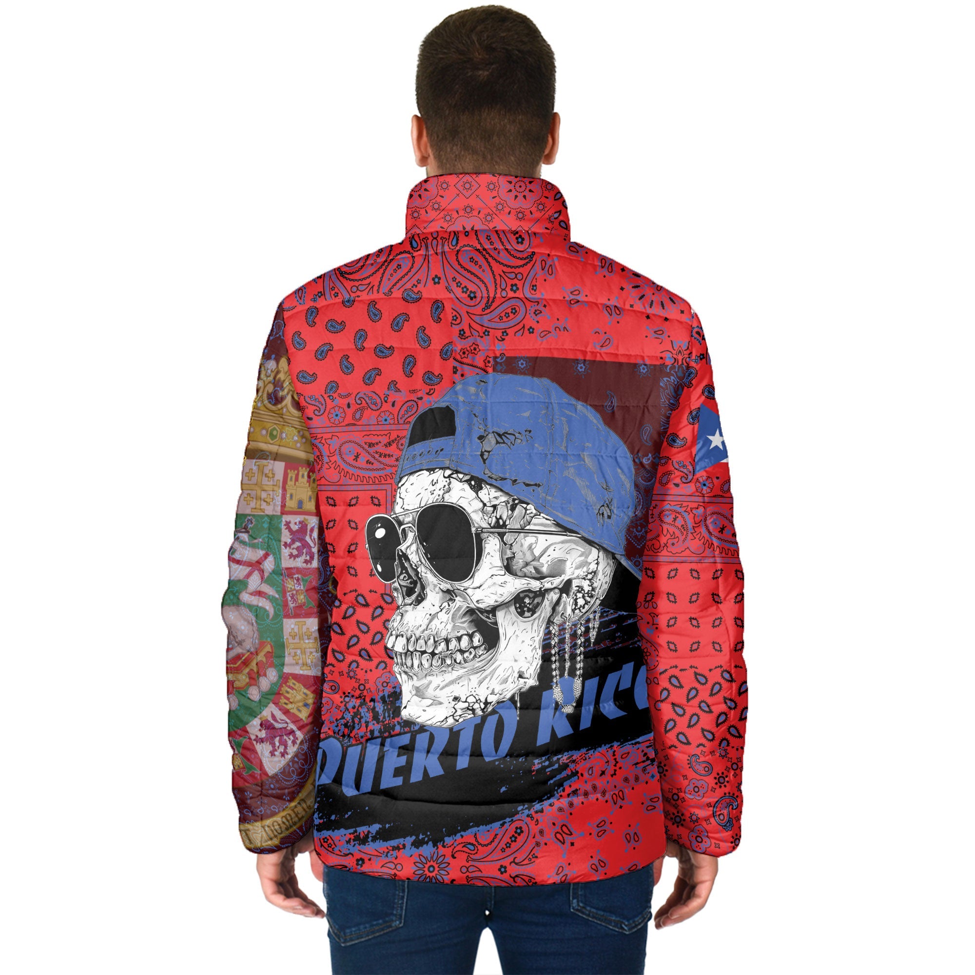 Puerto Rico Men Padded Jacket Paisley Flag And Skull Style 2