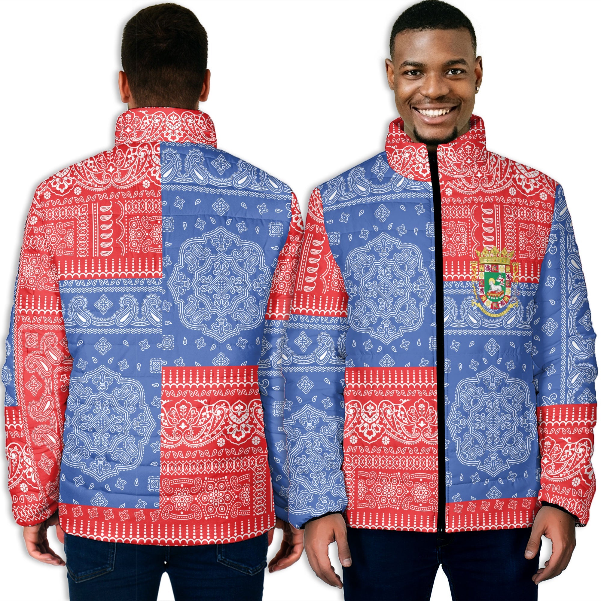 Puerto Rico Men Padded Jacket Flag And Paisley Basic Style 3