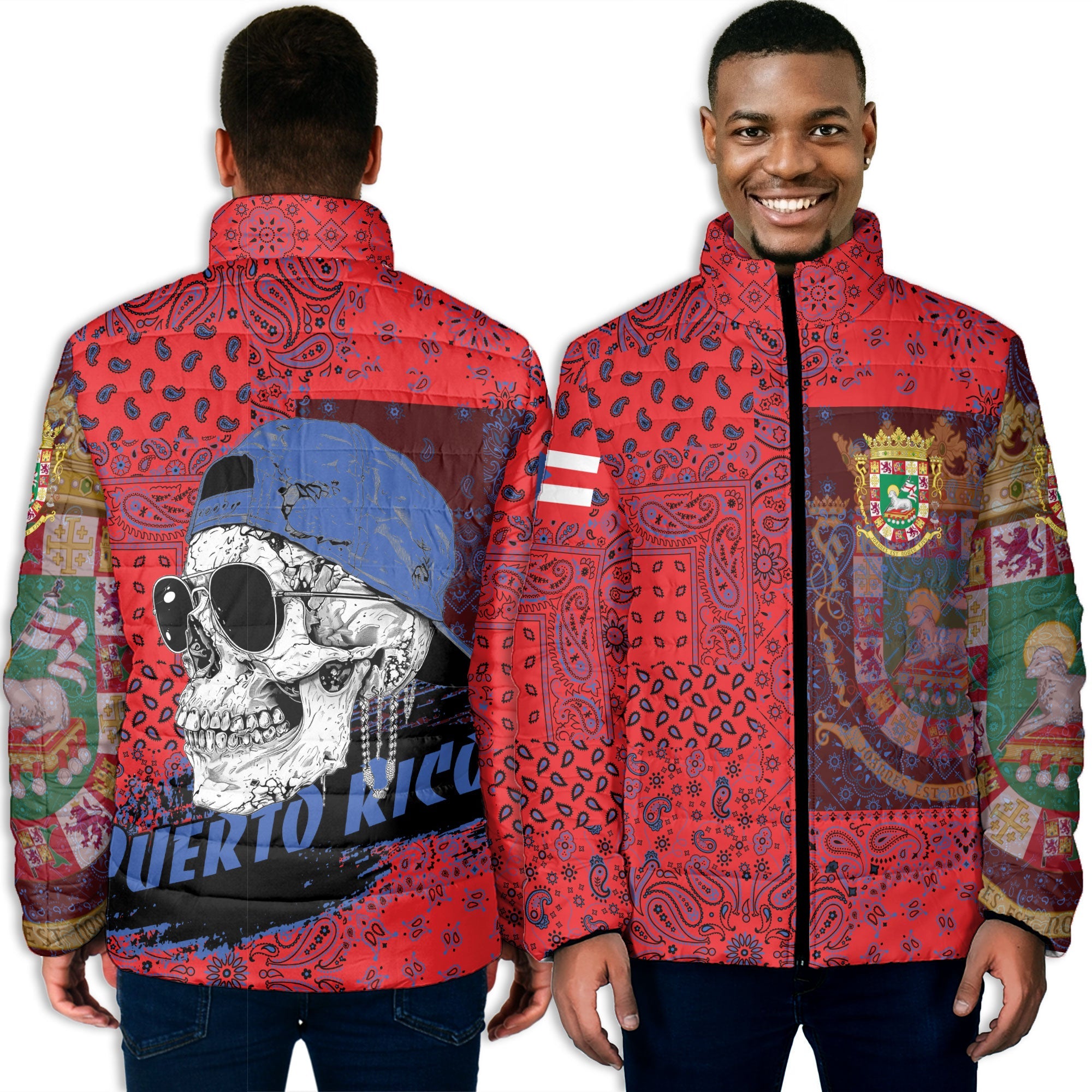 Puerto Rico Men Padded Jacket Paisley Flag And Skull Style 3