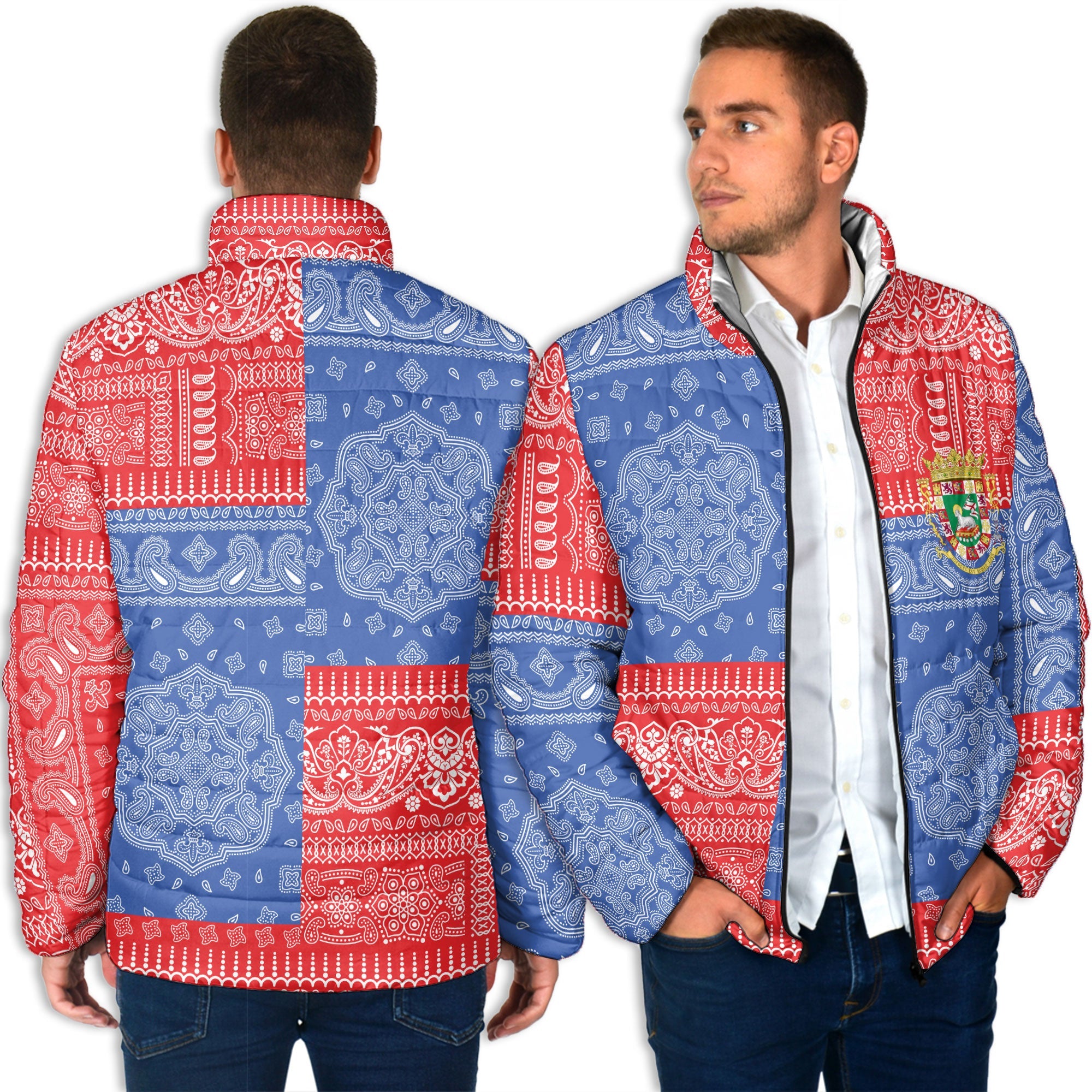 Puerto Rico Men Padded Jacket Flag And Paisley Basic Style 4