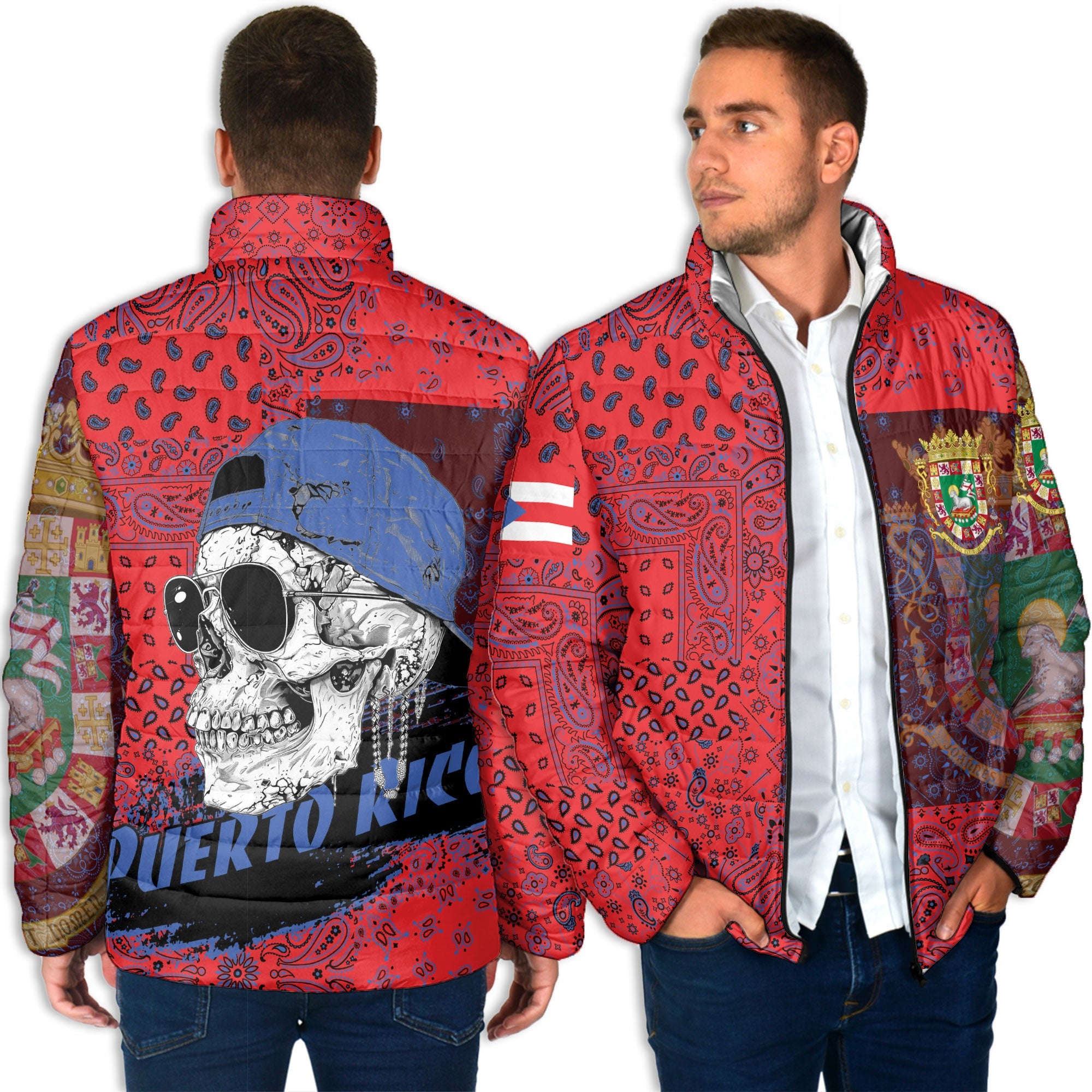 Puerto Rico Men Padded Jacket Paisley Flag And Skull Style 4