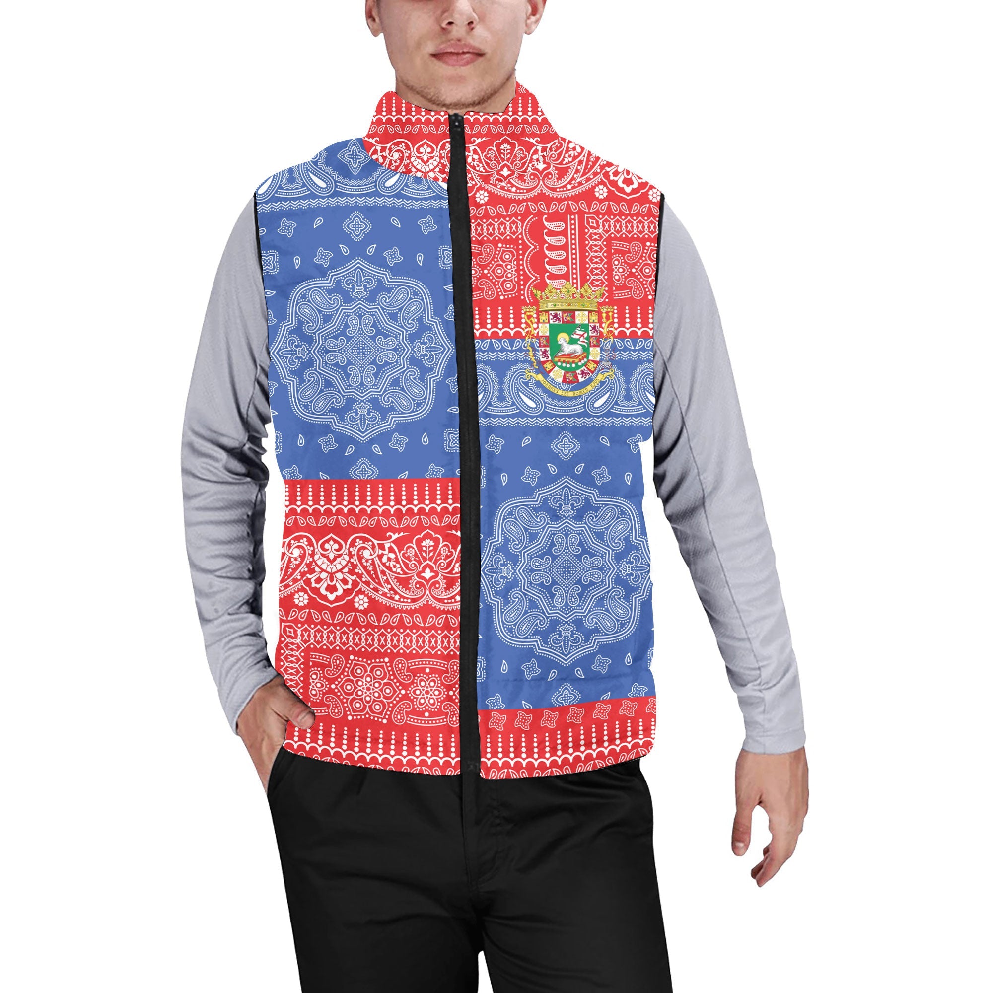 Puerto Rico Men Padded Jacket Vest Flag And Paisley Basic Style 1