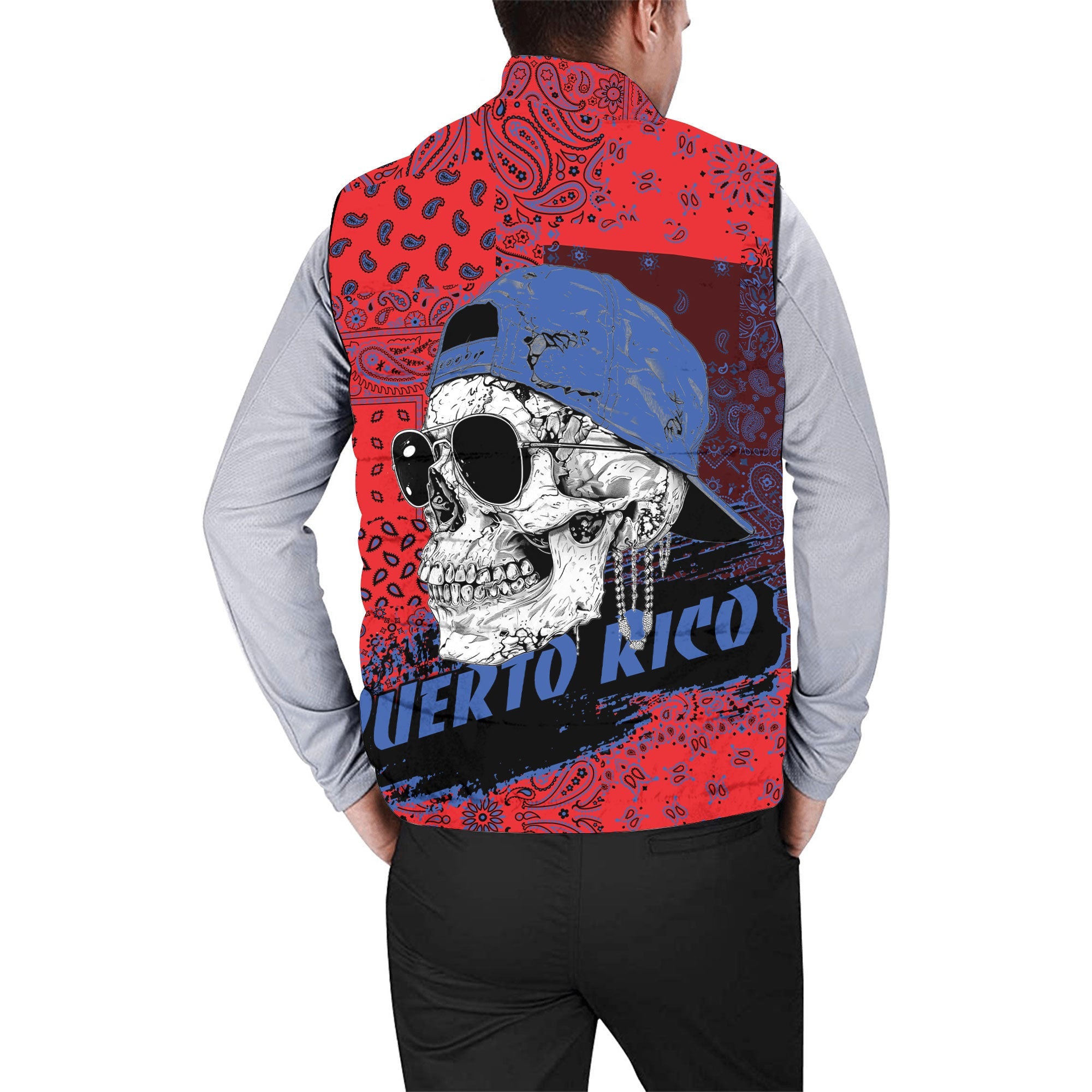 Puerto Rico Men Padded Jacket Vest Paisley Flag And Skull Style 2