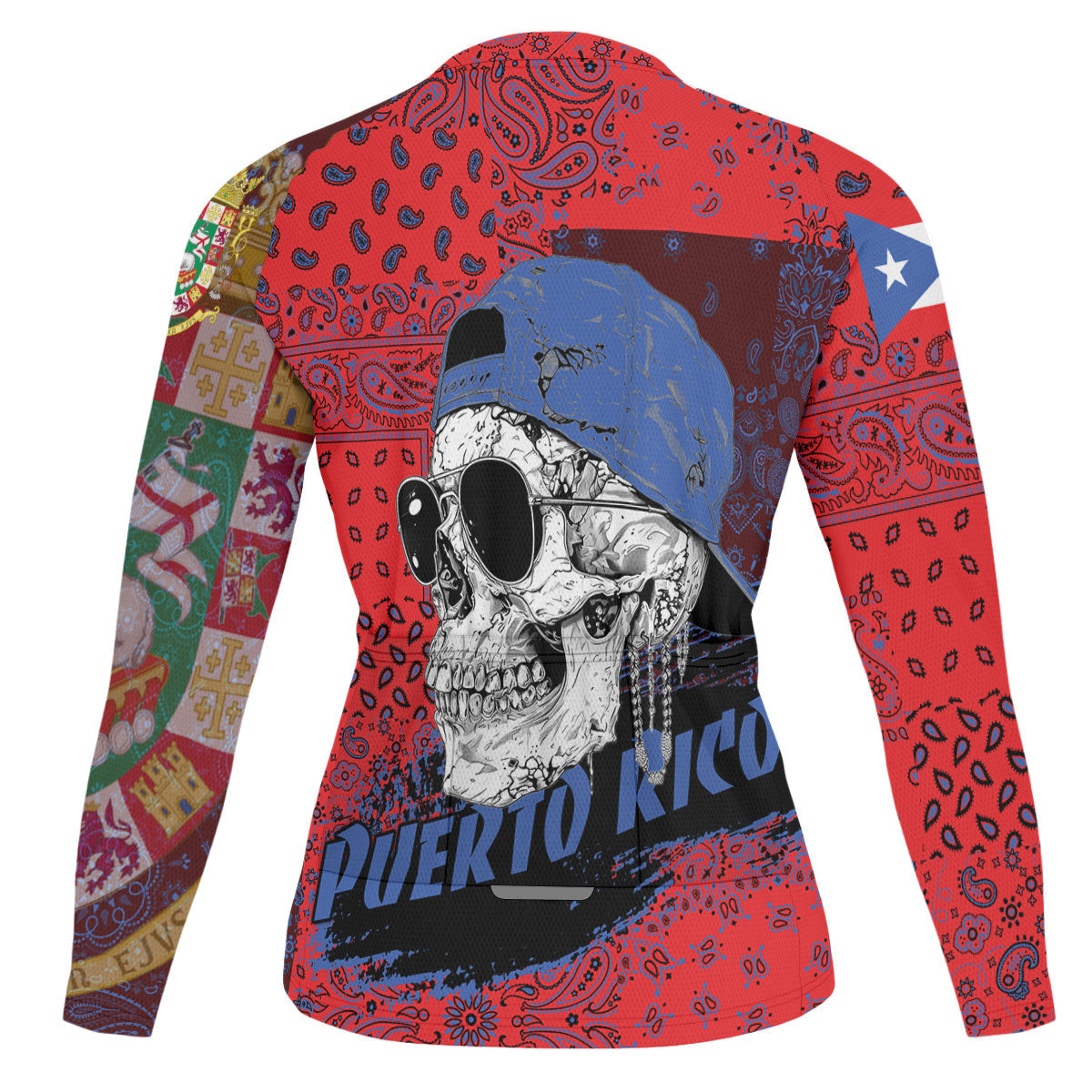 Puerto Rico Raglan Men Cycling Jersey Long Sleeve Paisley Flag And Skull Style 2