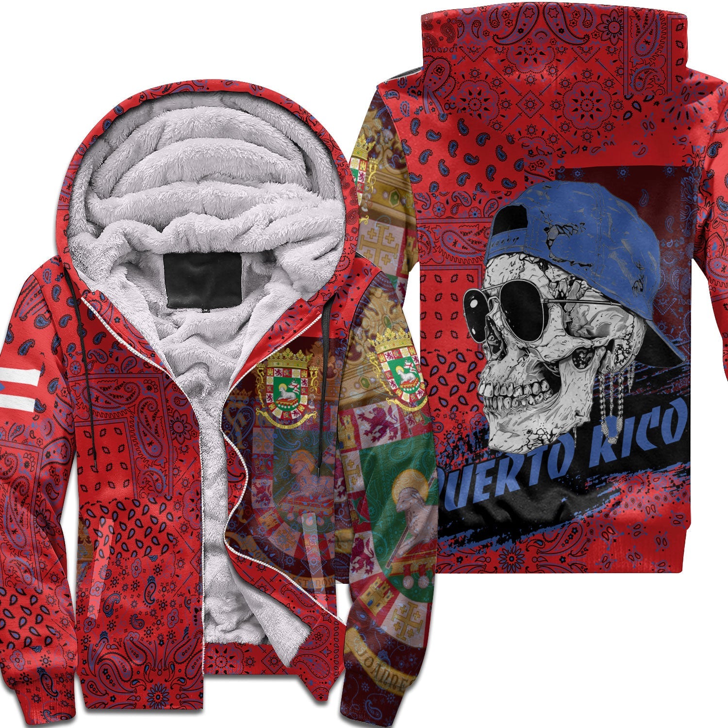 Puerto Rico Sherpa Hoodie Paisley Flag And Skull Style 1