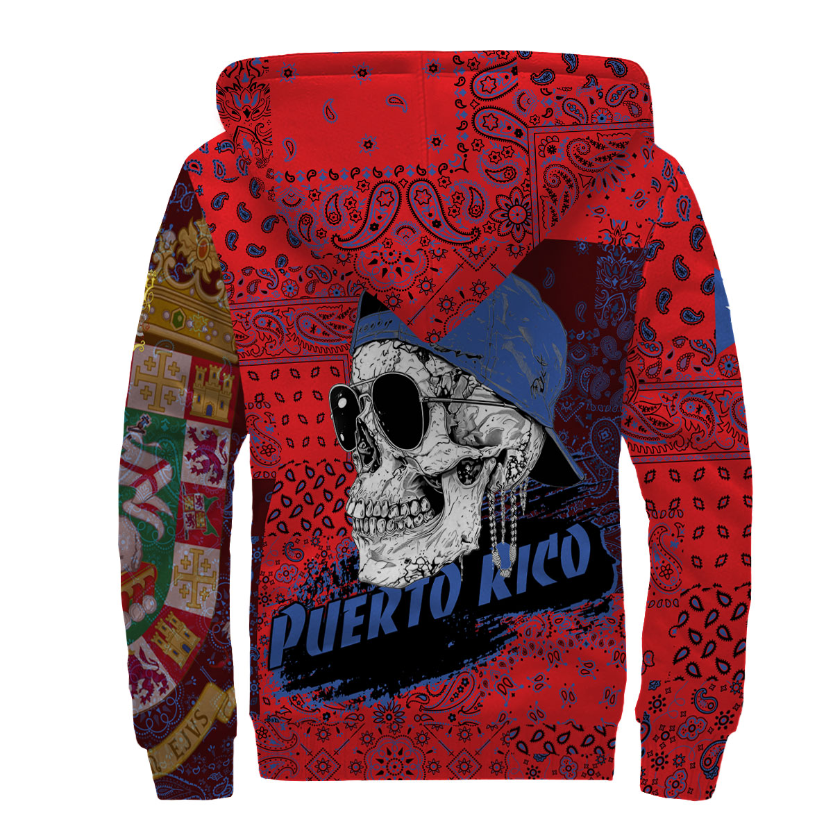 Puerto Rico Sherpa Hoodie Paisley Flag And Skull Style 2