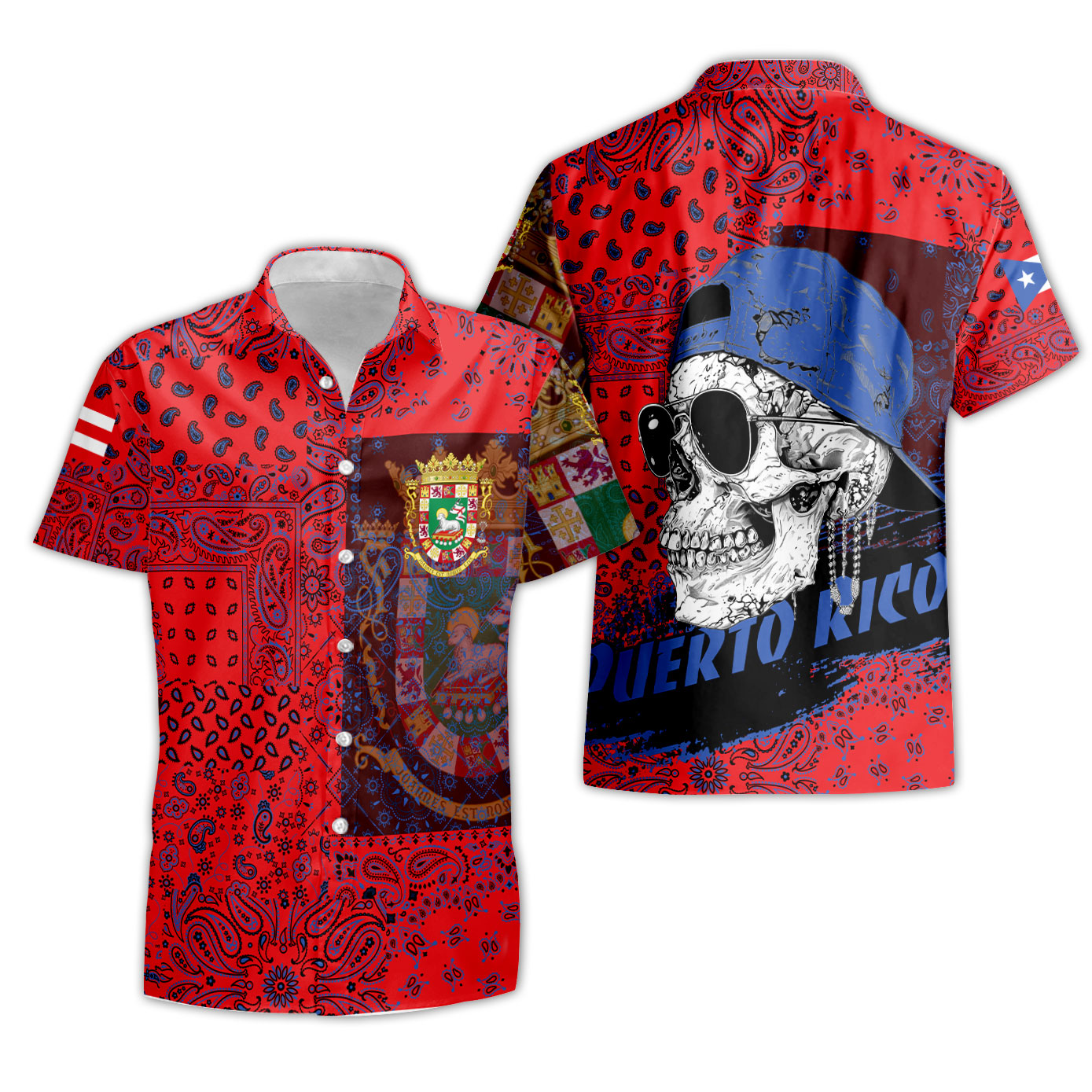 Puerto Rico Short Sleeve Shirt Paisley Flag And Skull Style 3