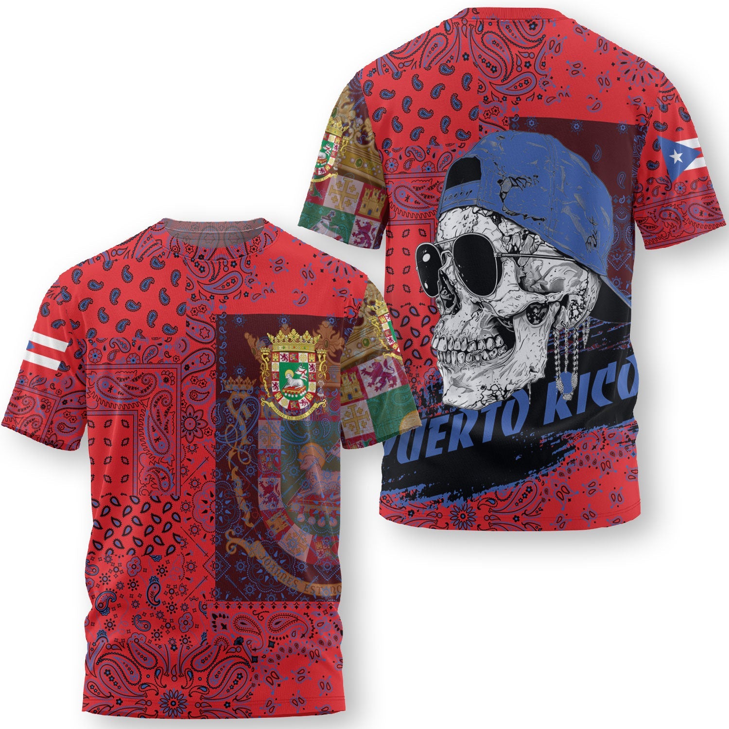 Puerto Rico T Shirt Paisley Flag And Skull Style 3