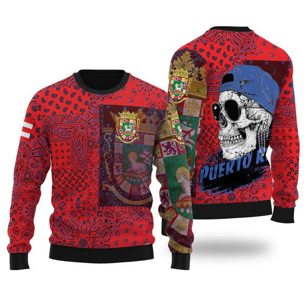 Puerto Rico Ugly Sweater Paisley Flag And Skull Style 1