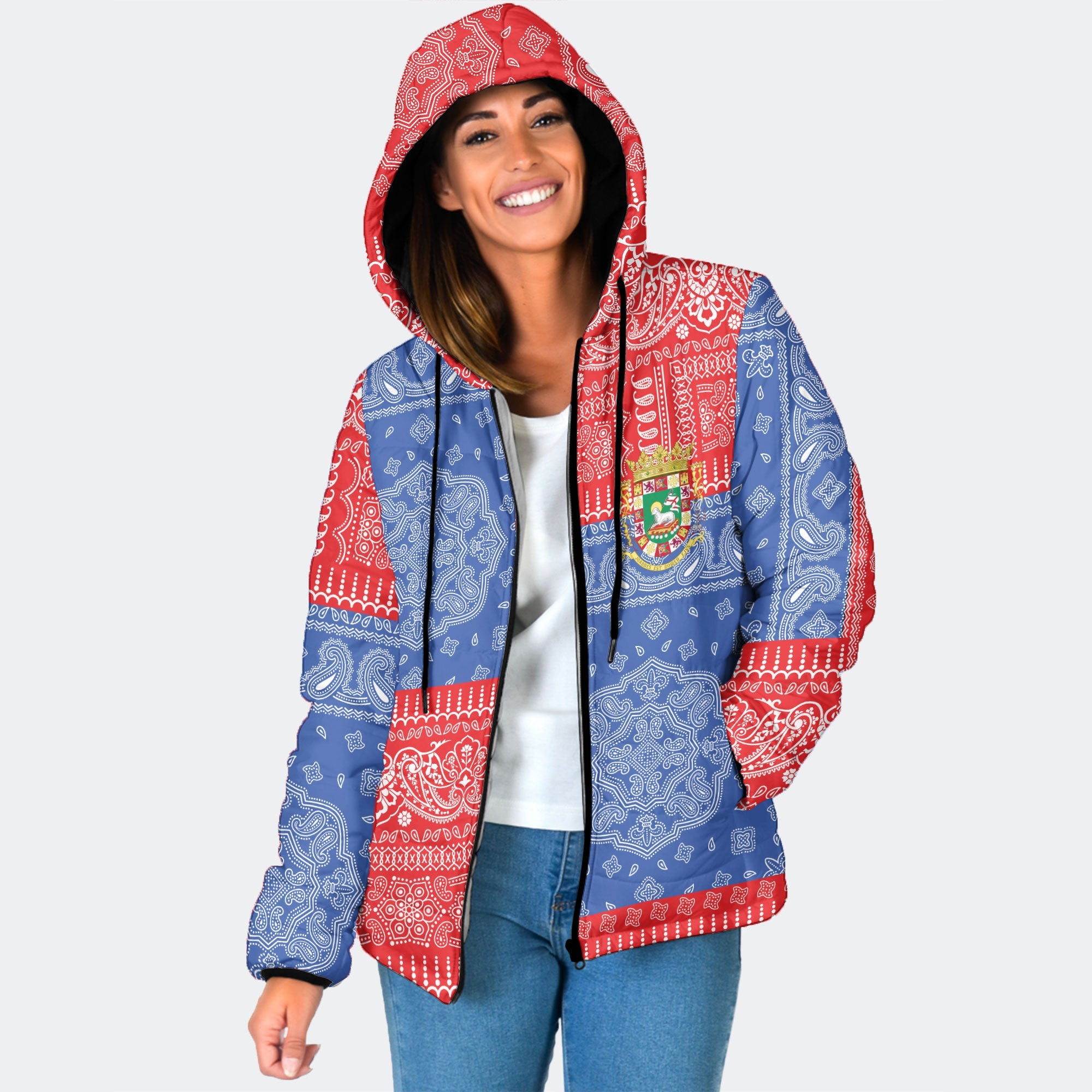 Puerto Rico Women Hooded Padded Jacket Flag And Paisley Basic Style 1