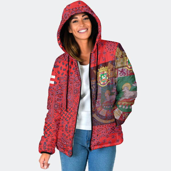 Puerto Rico Women Hooded Padded Jacket Paisley Flag And Skull Style 1