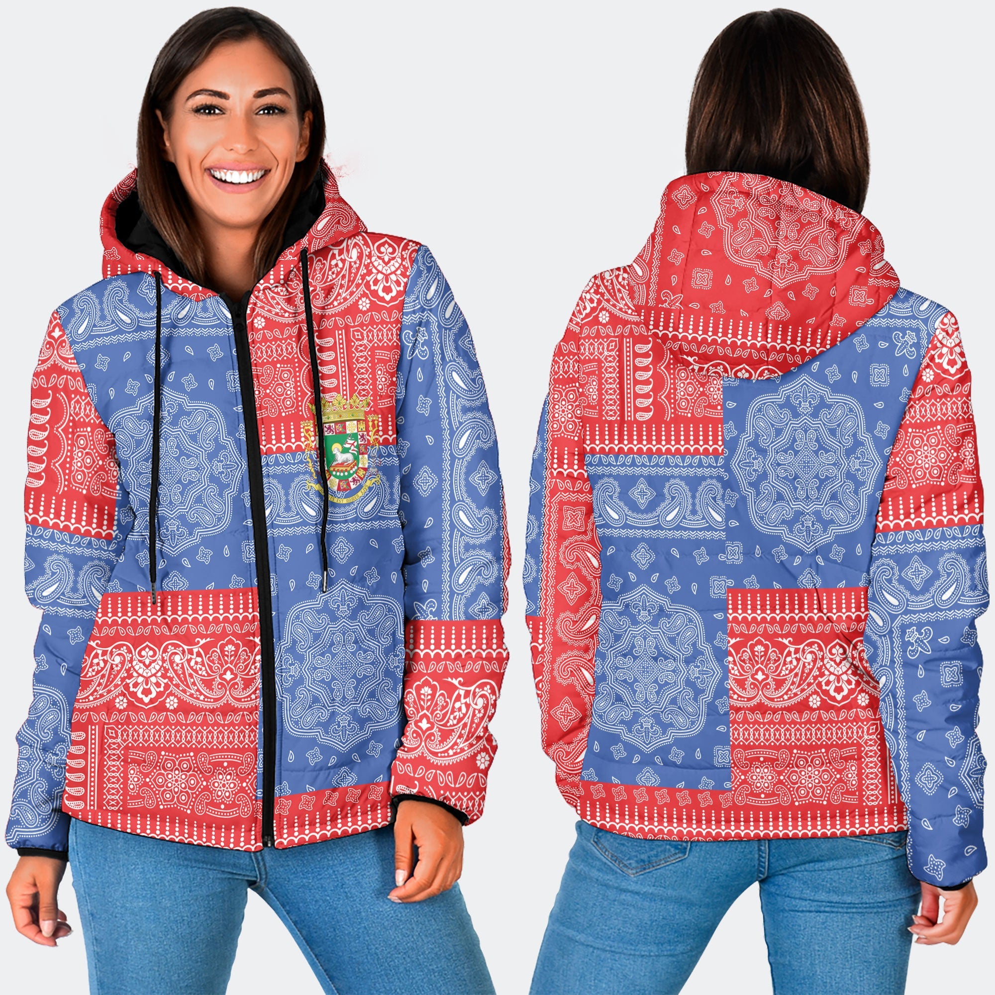 Puerto Rico Women Hooded Padded Jacket Flag And Paisley Basic Style 3