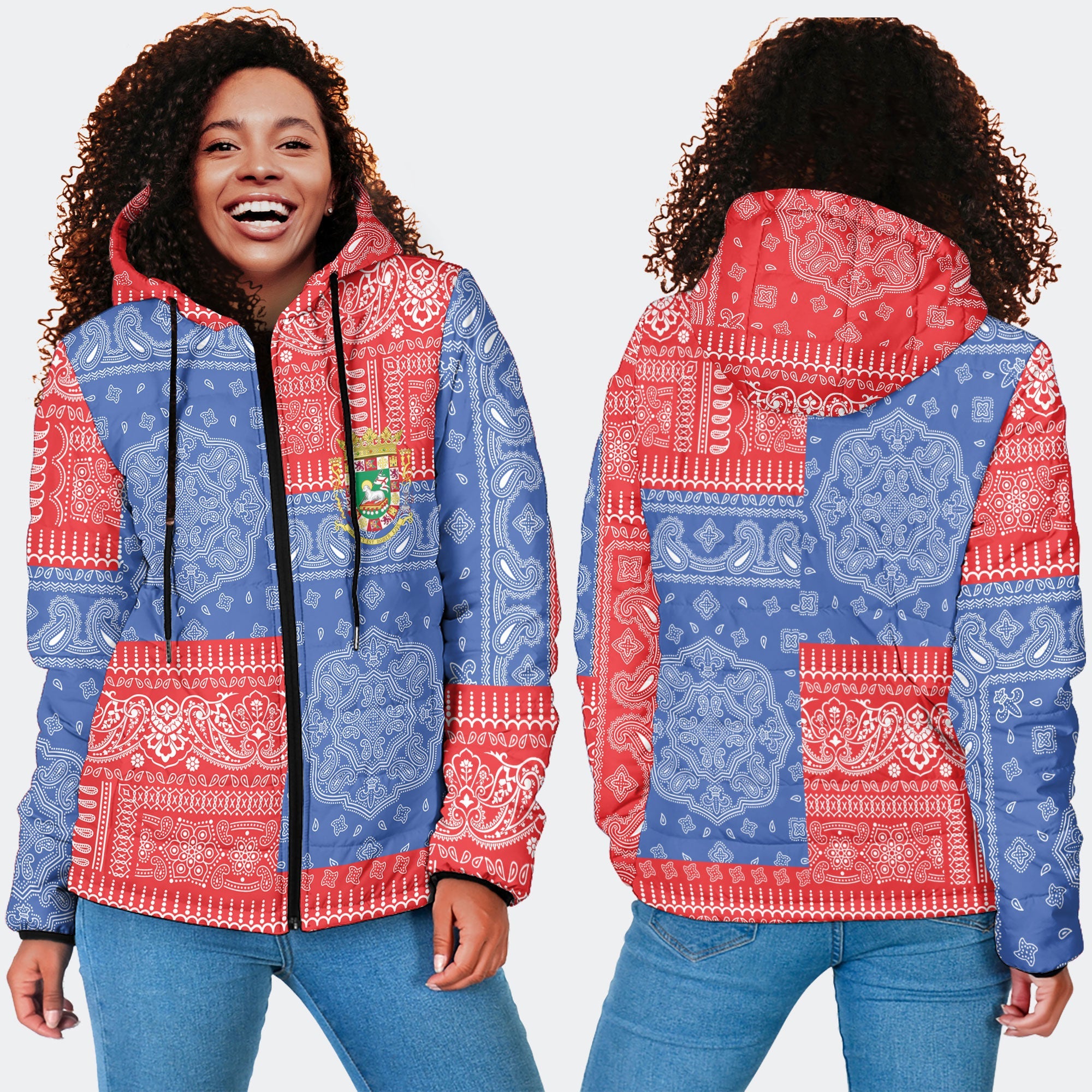 Puerto Rico Women Hooded Padded Jacket Flag And Paisley Basic Style 4