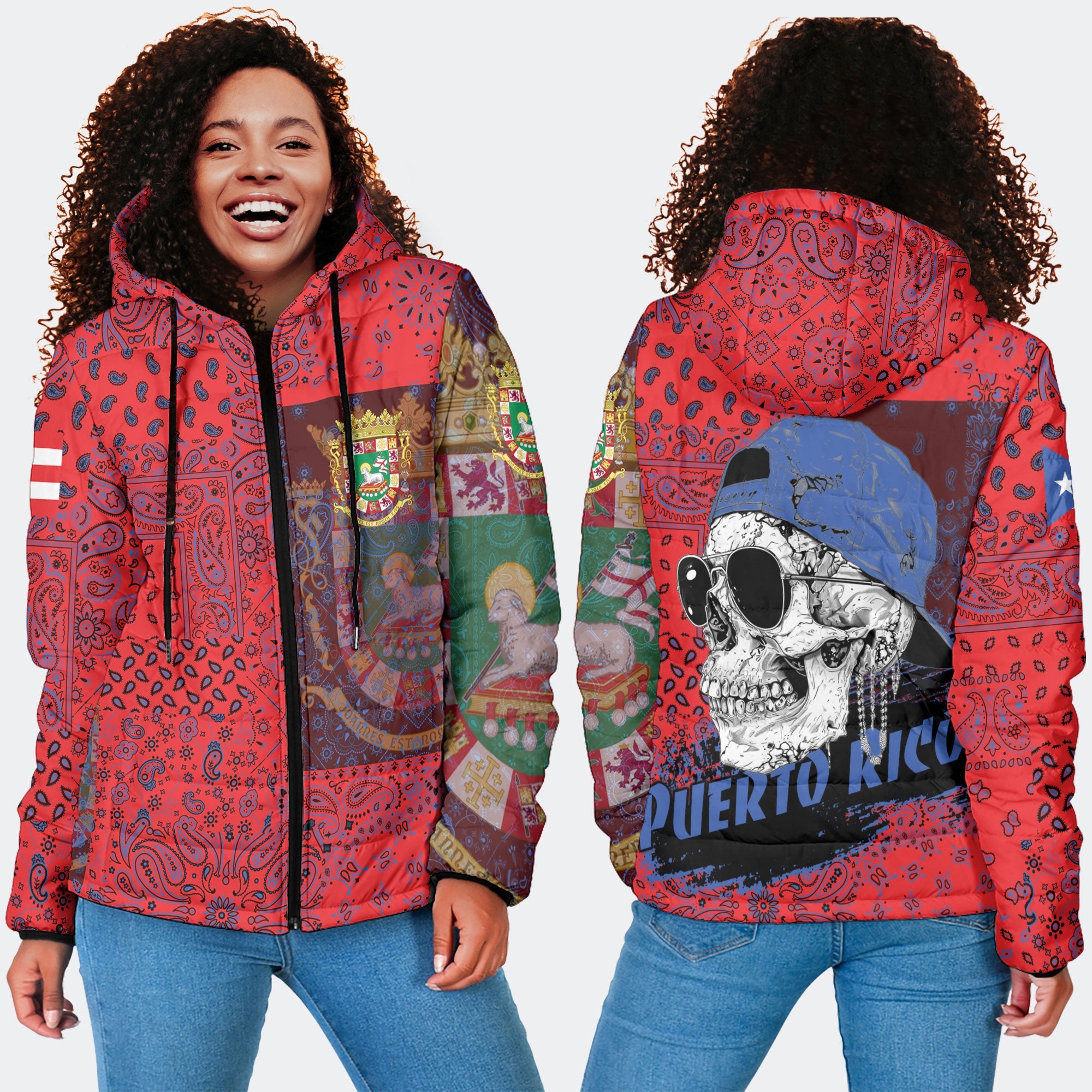 Puerto Rico Women Hooded Padded Jacket Paisley Flag And Skull Style 4