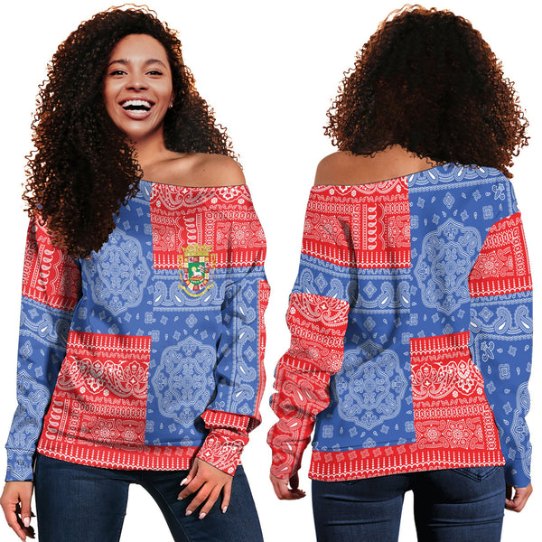 Puerto Rico Women Off Shoulder Sweatshirt Flag And Paisley Basic Style 1