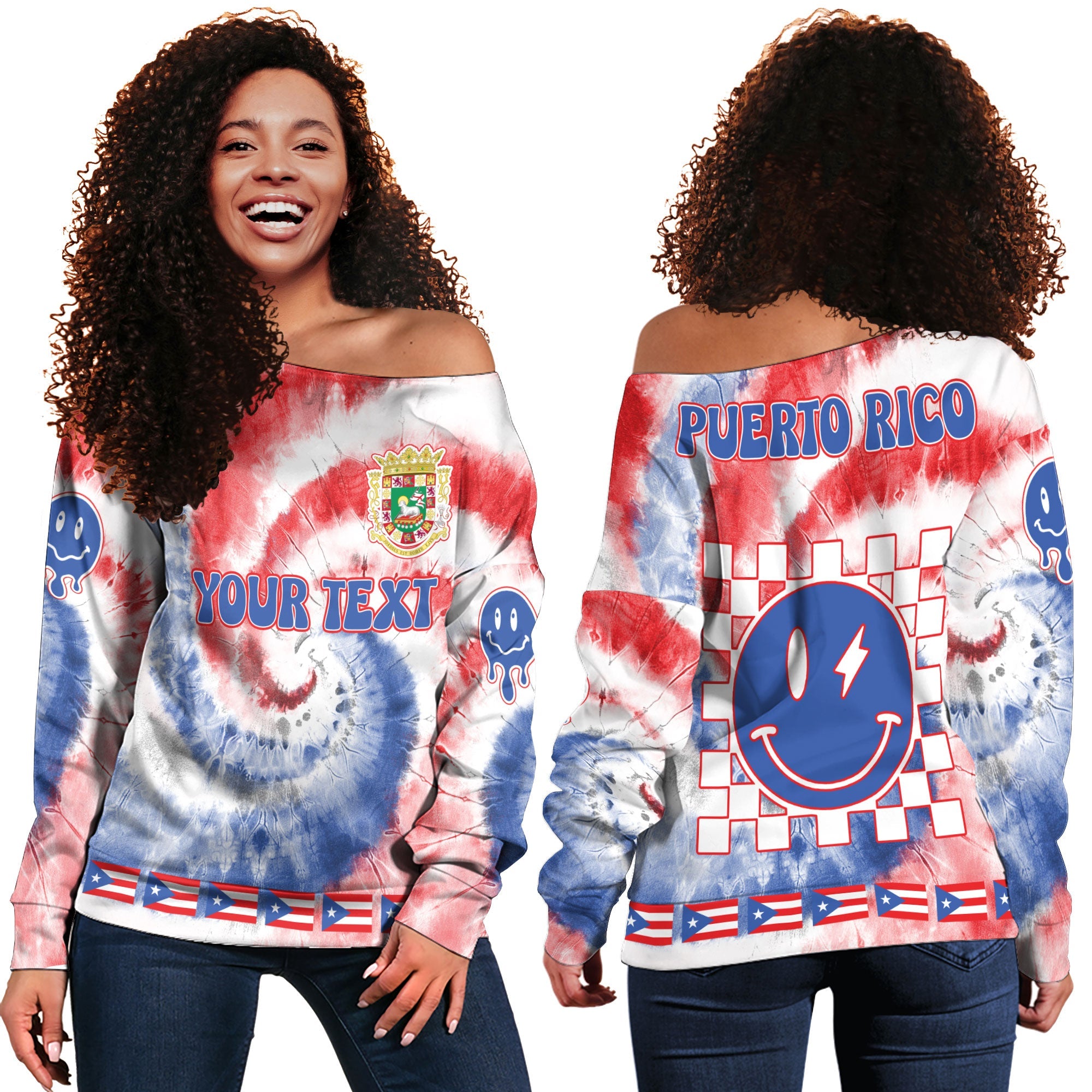 Puerto Rico Women Off Shoulder Sweatshirt Custom Tie Dye Style 2