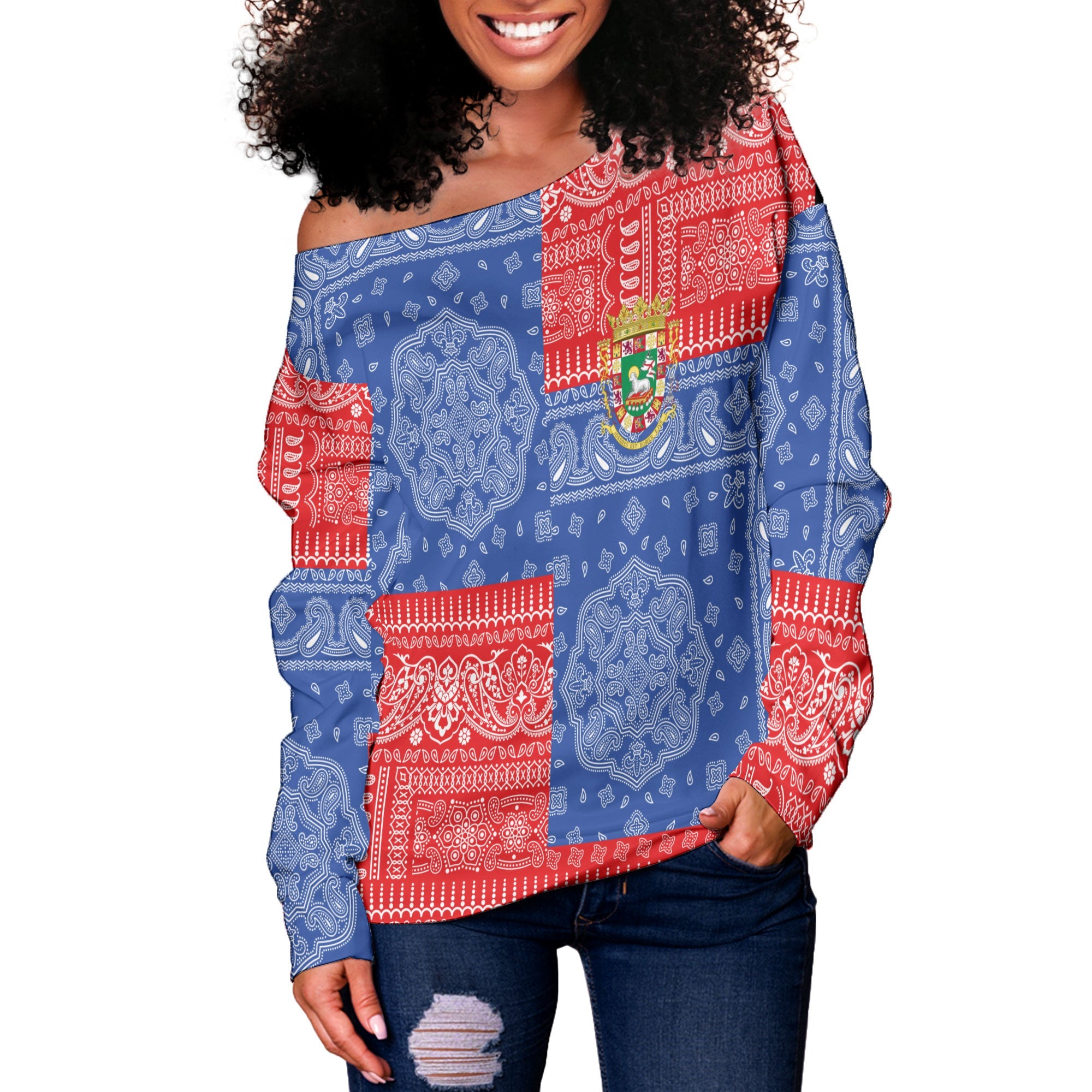 Puerto Rico Women Off Shoulder Sweatshirt Flag And Paisley Basic Style 2