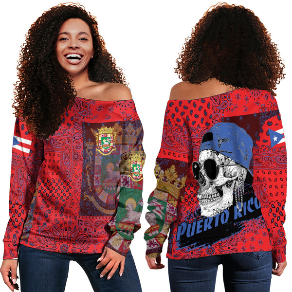 Puerto Rico Women Off Shoulder Sweatshirt Paisley Flag And Skull Style 1