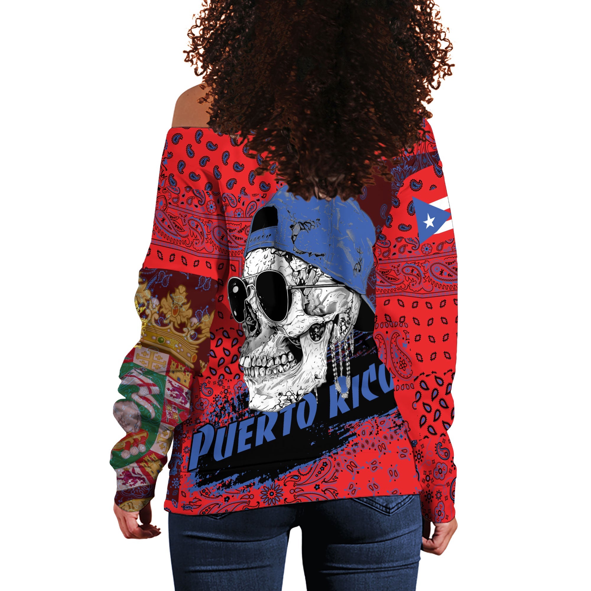 Puerto Rico Women Off Shoulder Sweatshirt Paisley Flag And Skull Style 3