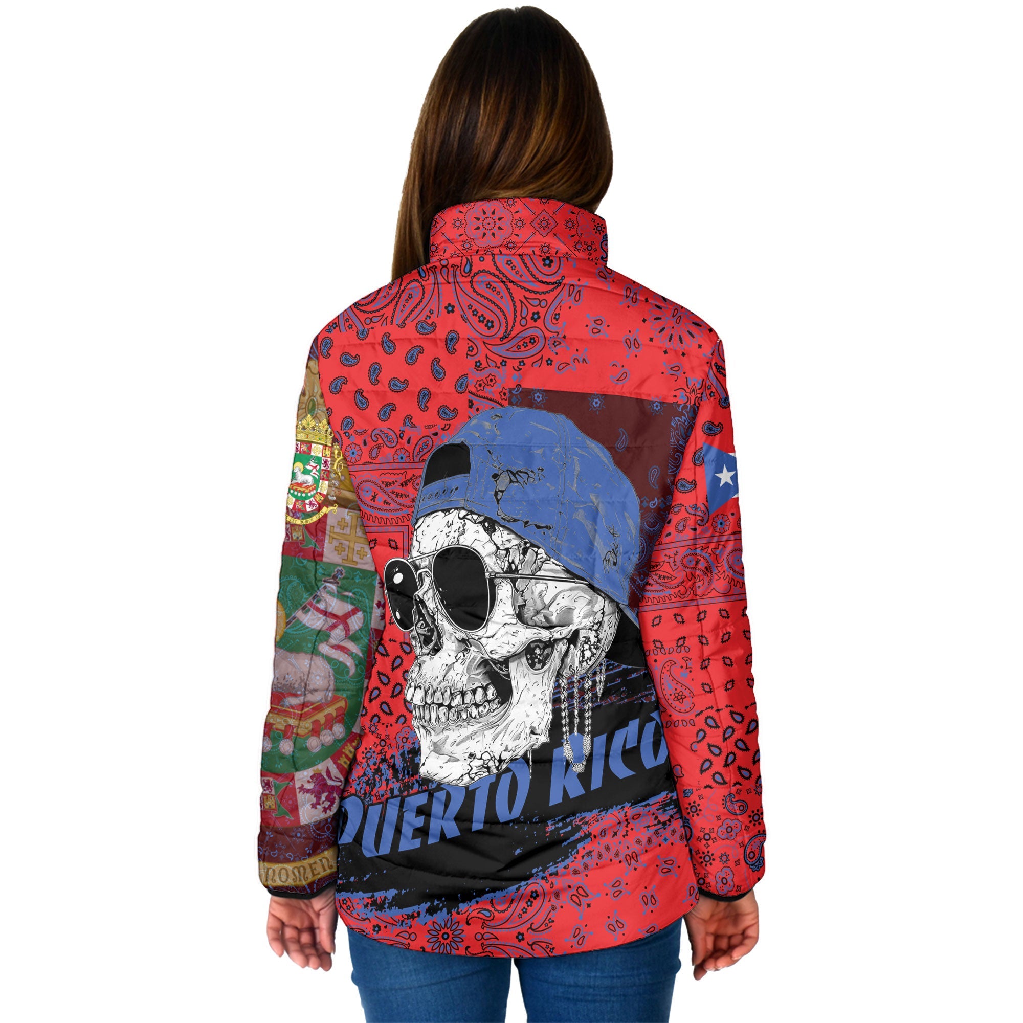 Puerto Rico Women Padded Jacket Paisley Flag And Skull Style 2