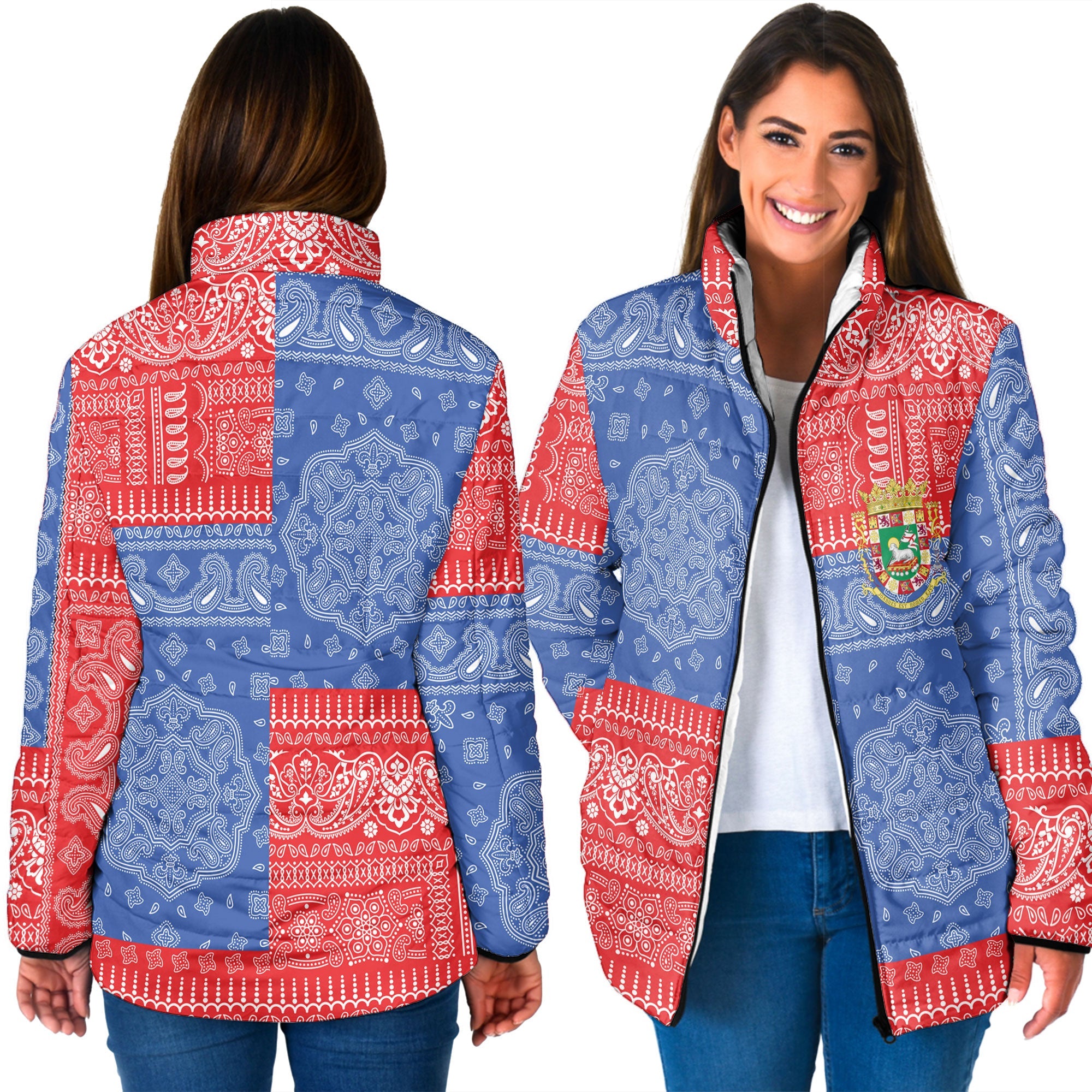 Puerto Rico Women Padded Jacket Flag And Paisley Basic Style 3