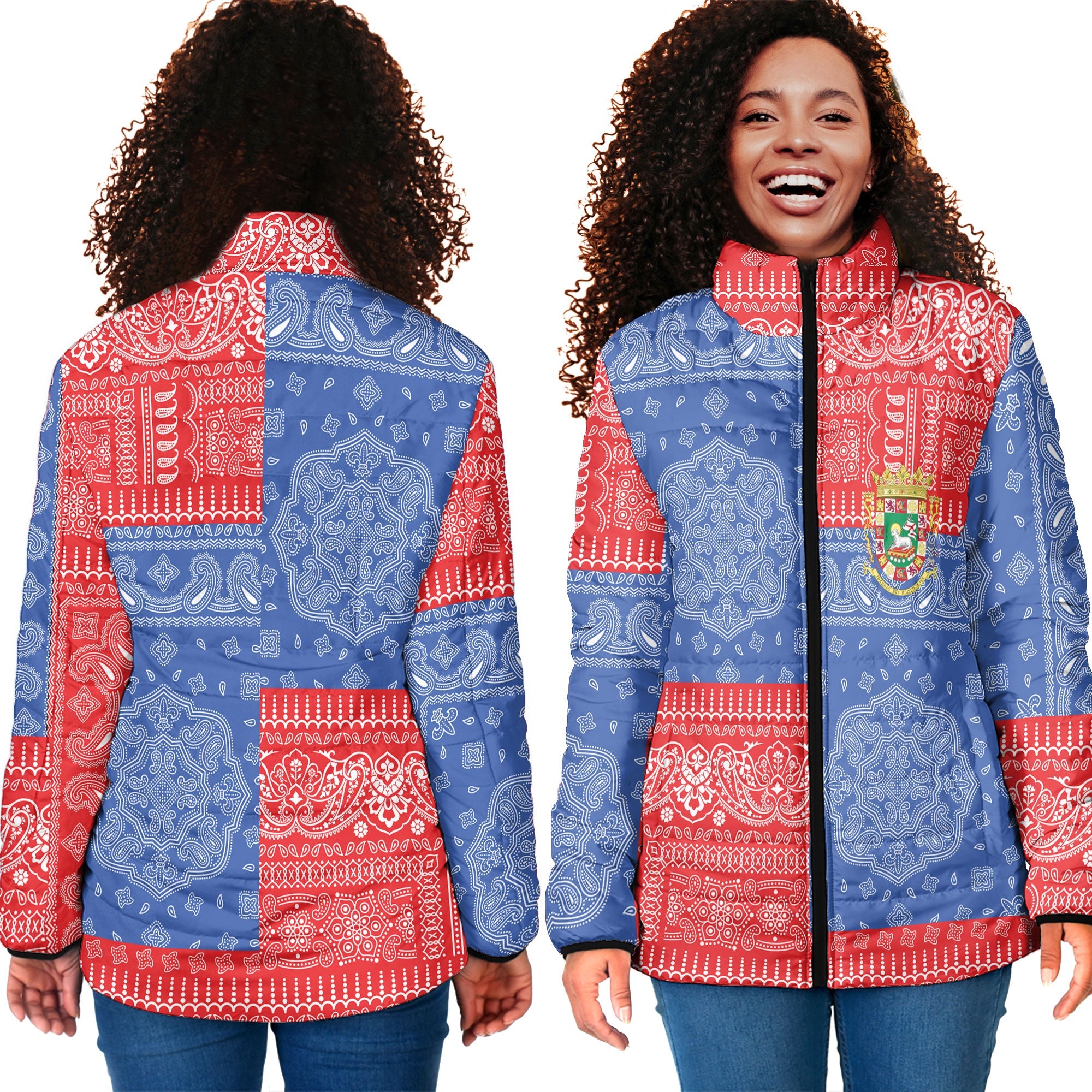 Puerto Rico Women Padded Jacket Flag And Paisley Basic Style 4