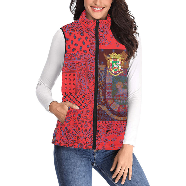 Puerto Rico Women Padded Jacket Vest Paisley Flag And Skull Style 1