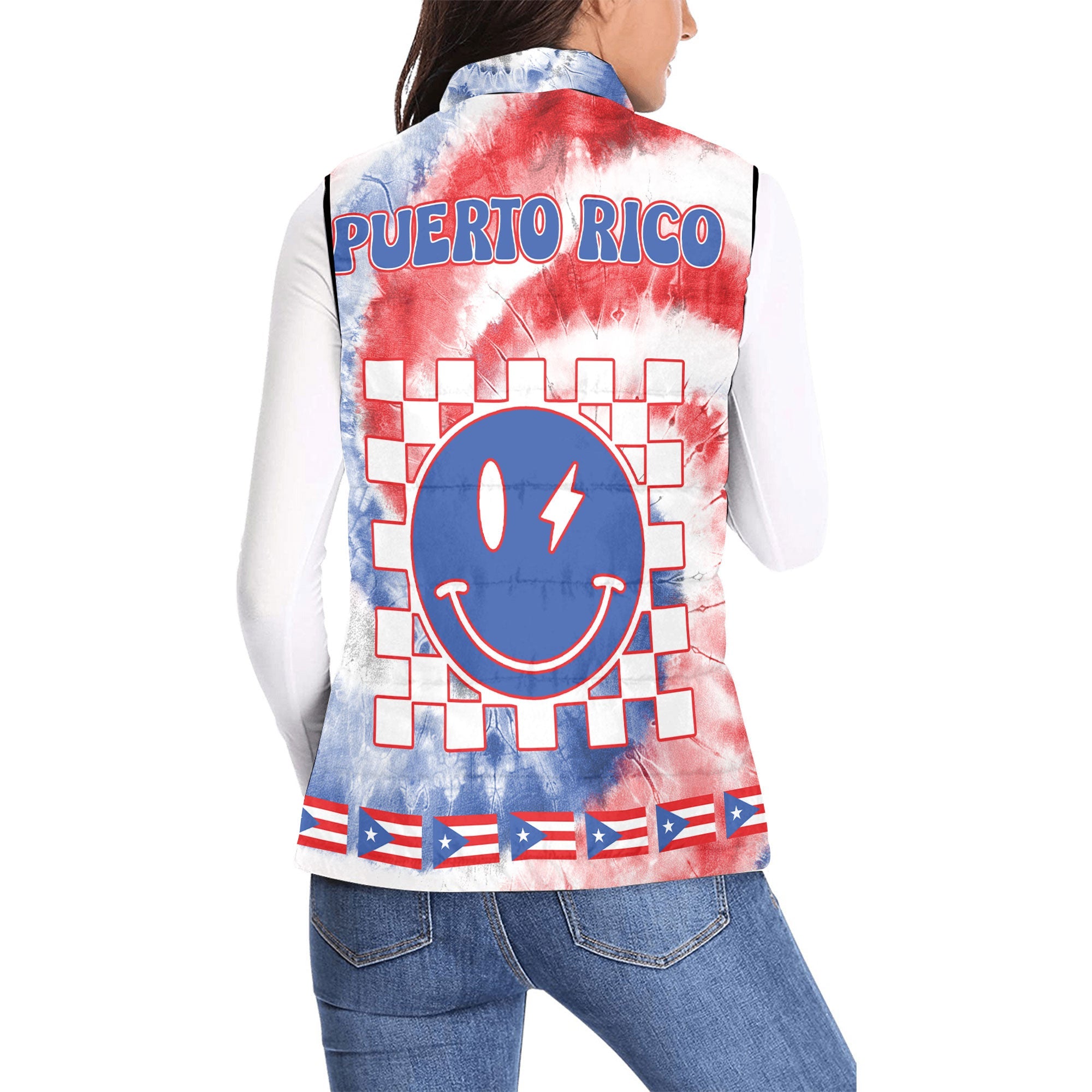 Puerto Rico Women Padded Jacket Vest Custom Tie Dye Style 2