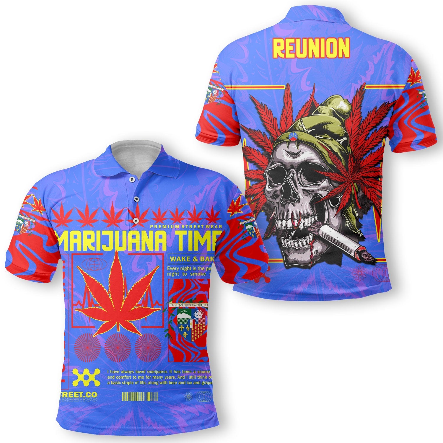 Reunion Polo Shirt Flag & Coat Of Arms Marijuanas Style