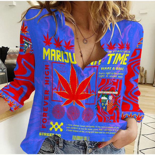 Reunion Women Casual Shirt Flag & Coat Of Arms Marijuanas Style