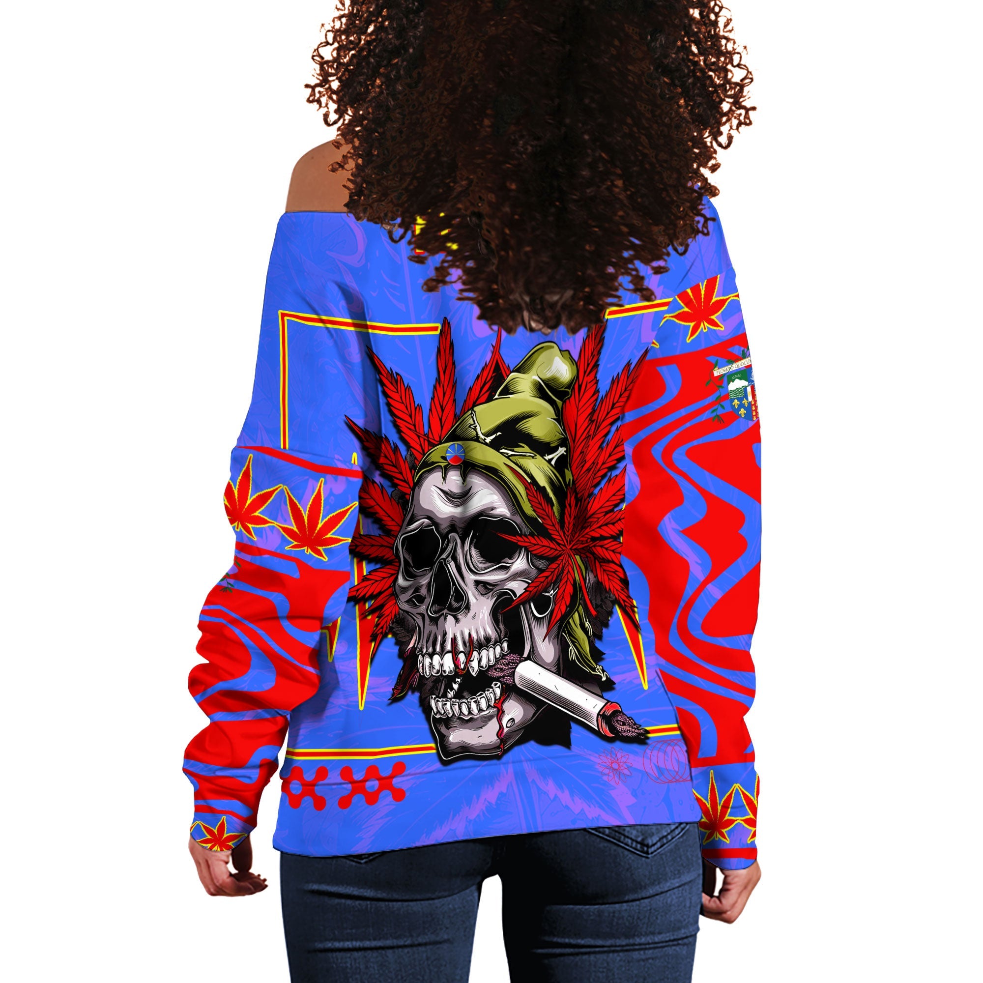 Reunion Women Off Shoulder Sweatshirt Flag & Coat Of Arms Marijuanas Style